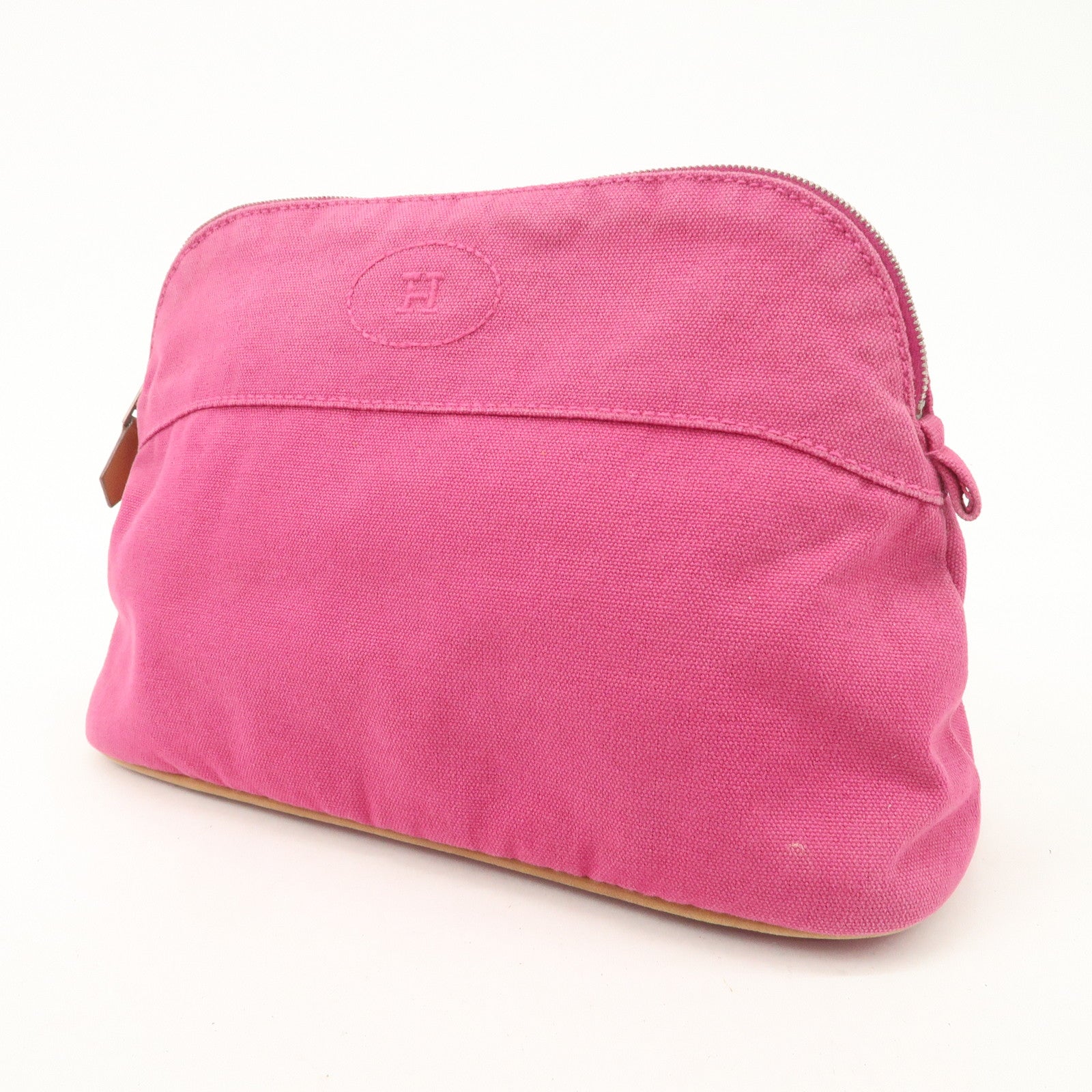 HERMES Leather Canvas Bolide Pouch Cosmetic Pouch MM Pink Used