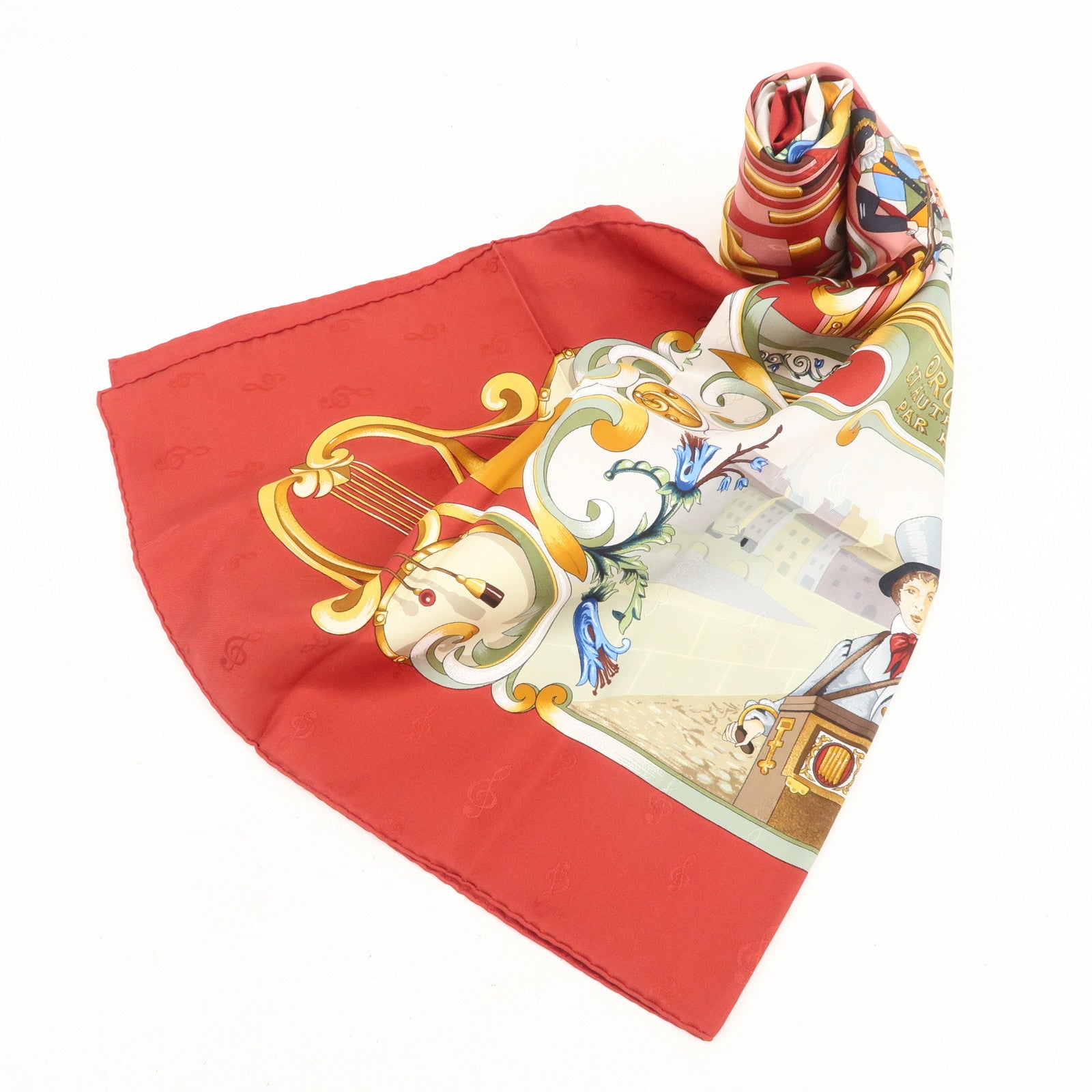 HERMES Carre 90 Silk 100% ORGAUPHONE ETAUTRES MECANIQUES Scarf Red