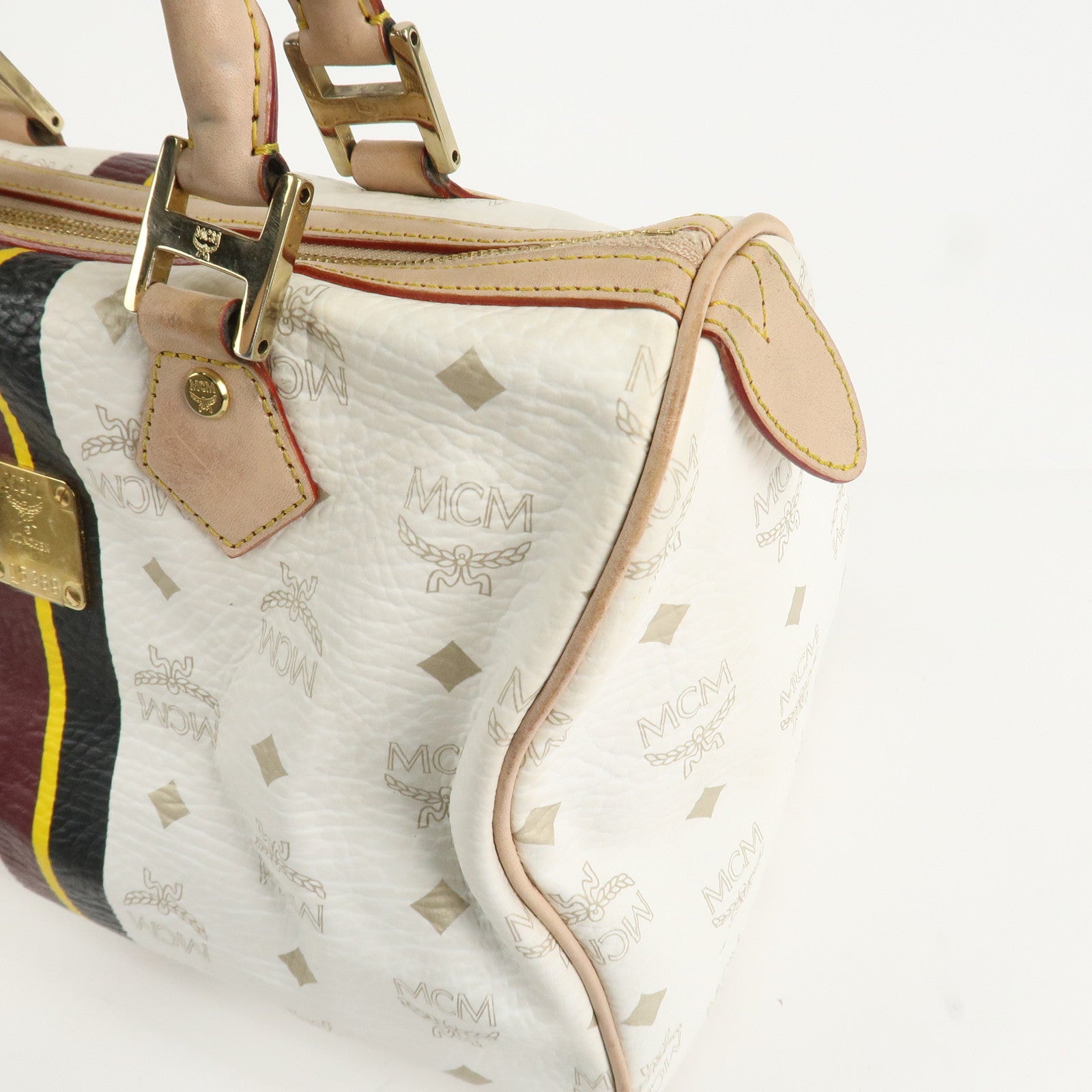 MCM Visetos Leather Boston Bag Hand Bag Beige White Used