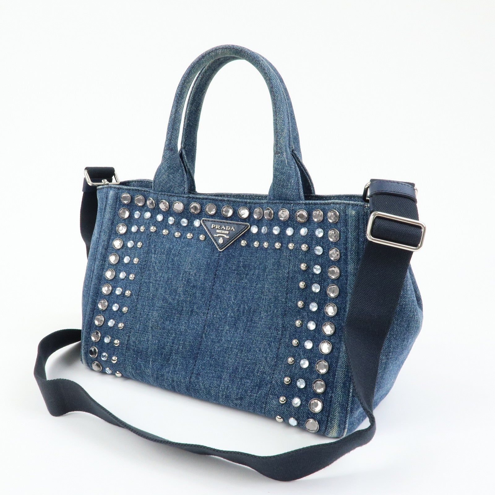 PRADA Canapa Triangle Logo Denim 2Way Bag Hand Bag Blue 1BG439