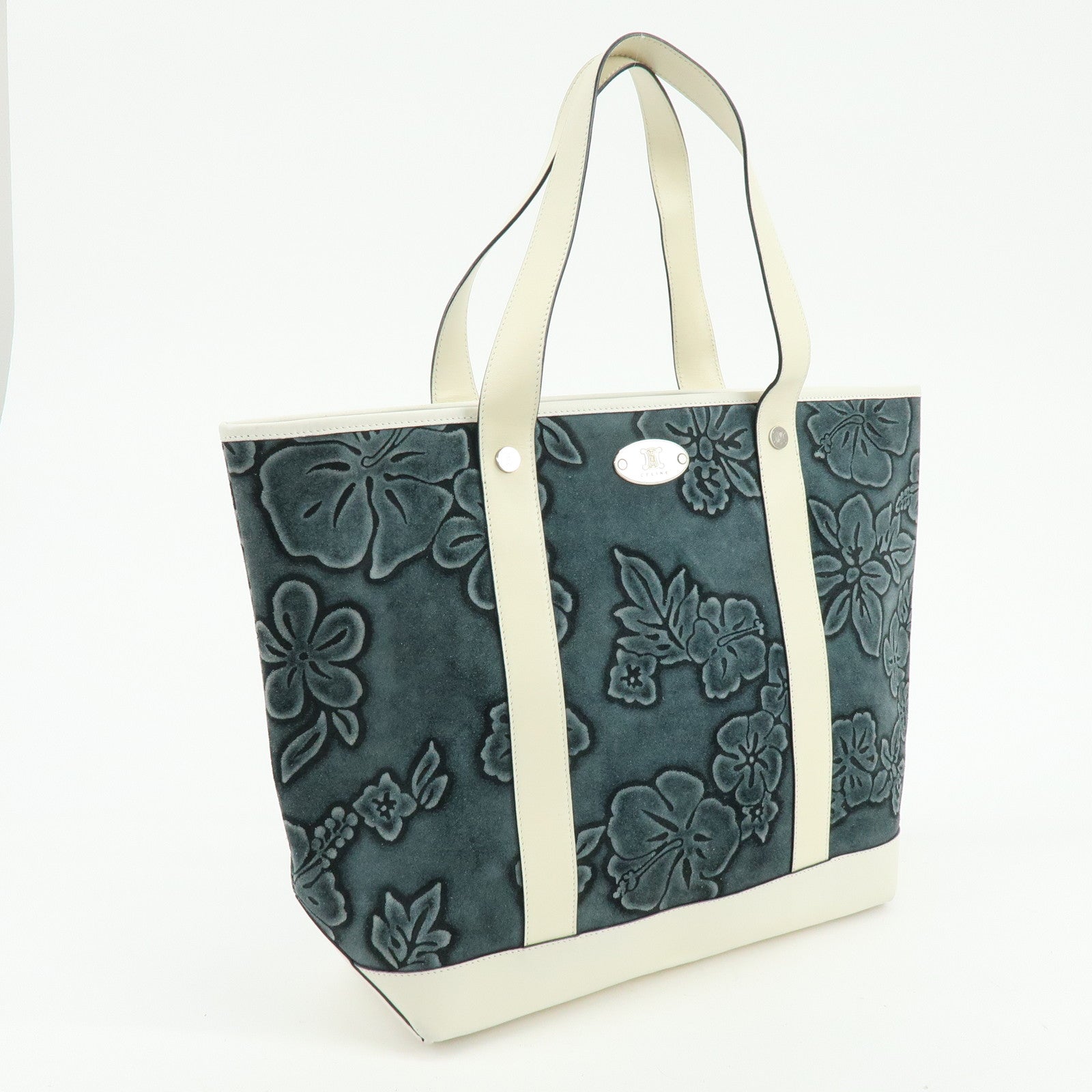 CELINE Hibiscus Motif Suede Leather Tote Bag Gray Ivory