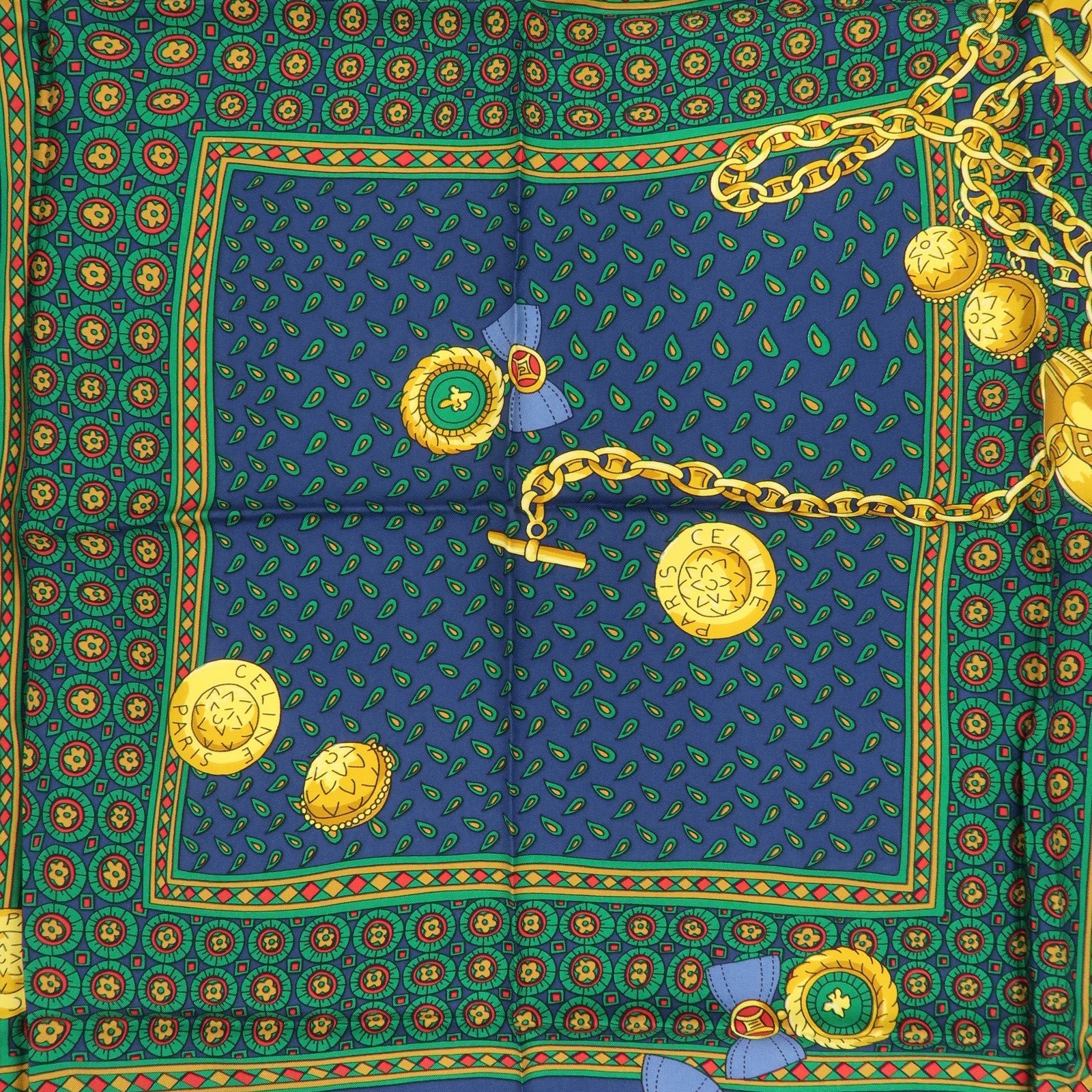 CELINE Silk 100% Scarf Red Blue Yellow Multicolor