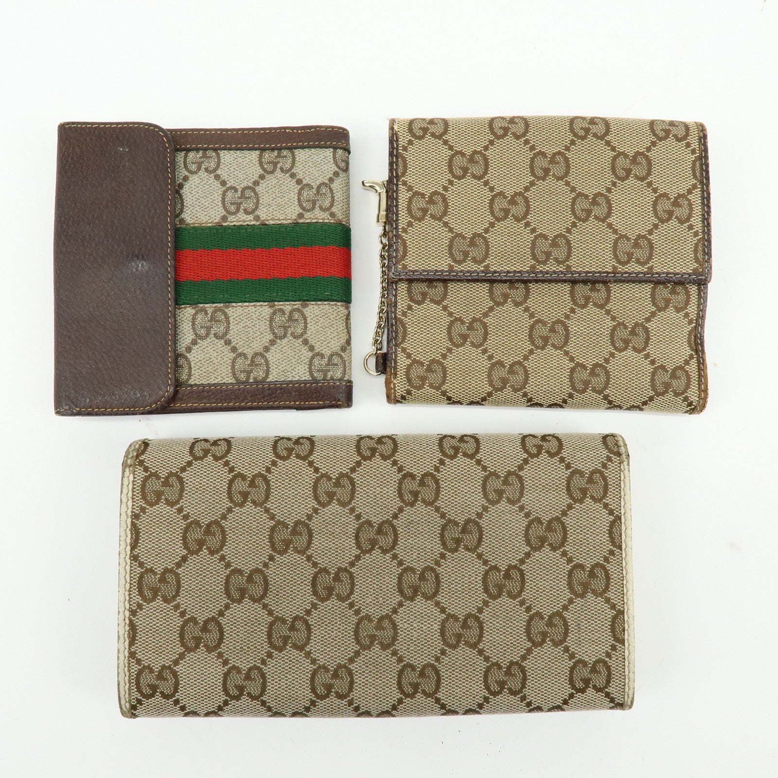 GUCCI Sherry Set of 3 Canvas Leather Long Compact Wallet Beige