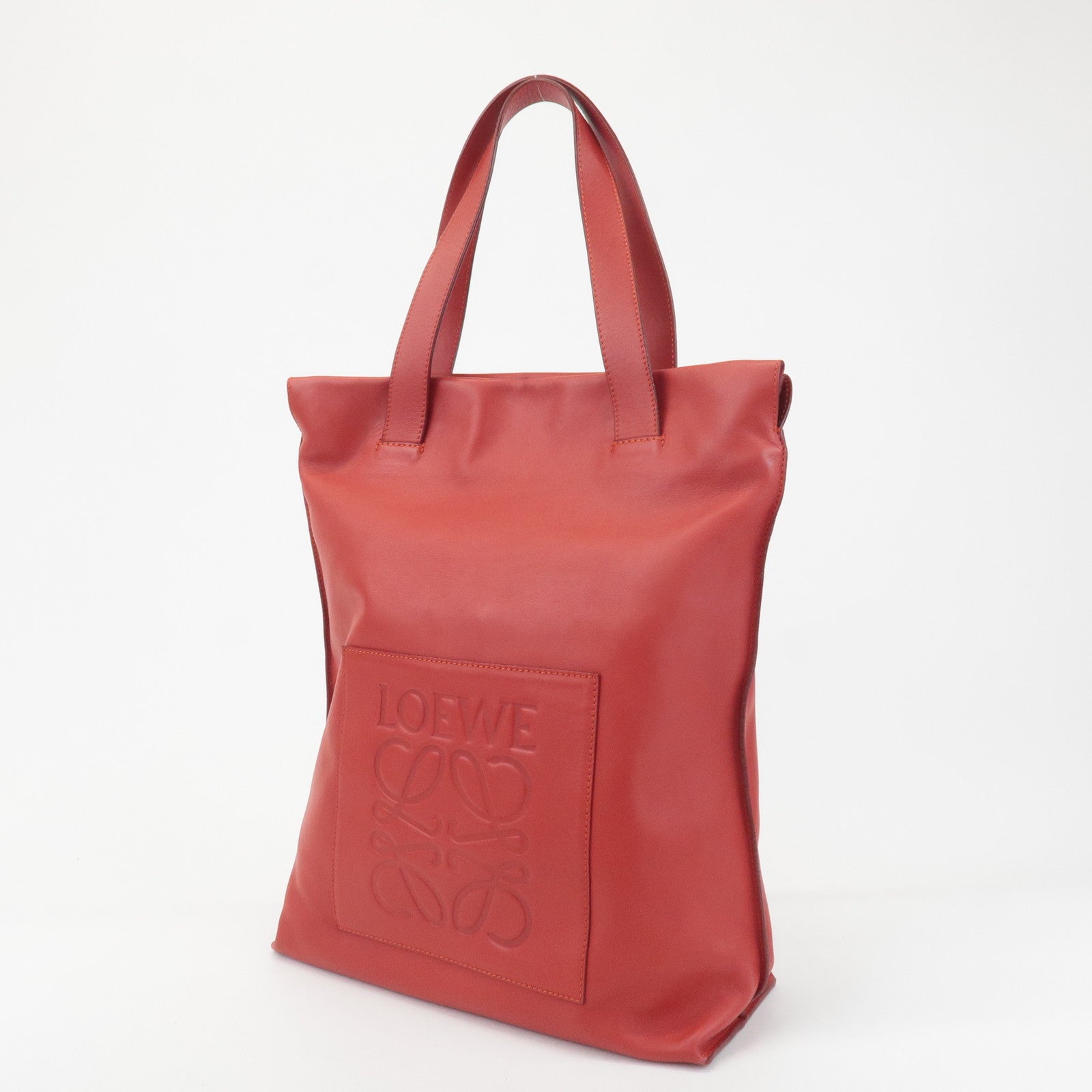 LOEWE Anagram Leather Shopper Tote Bag Shoulder Bag Red Used