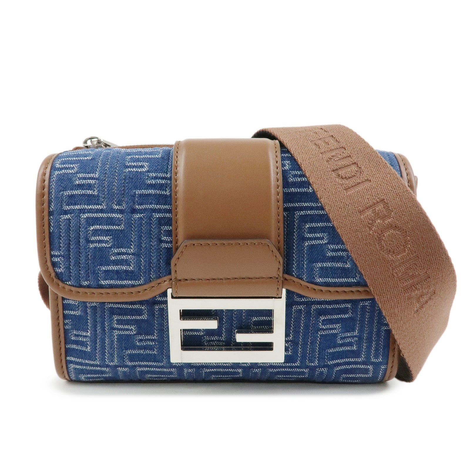 FENDI Zucca Canvas Leather Shoulder Bag Double Bucket Blue 7VA649
