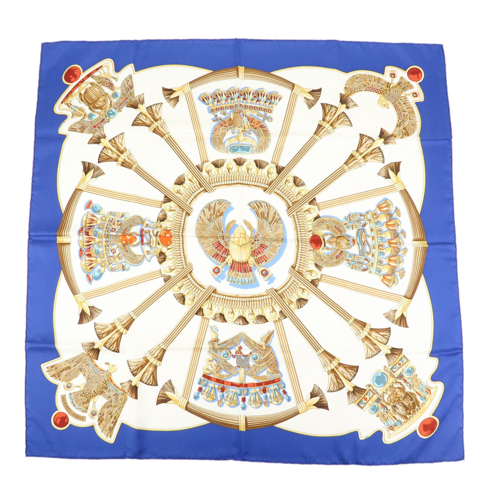 HERMES Carre 90 Silk100% Caty Ancient Egypt Scarab Scarf Blue White