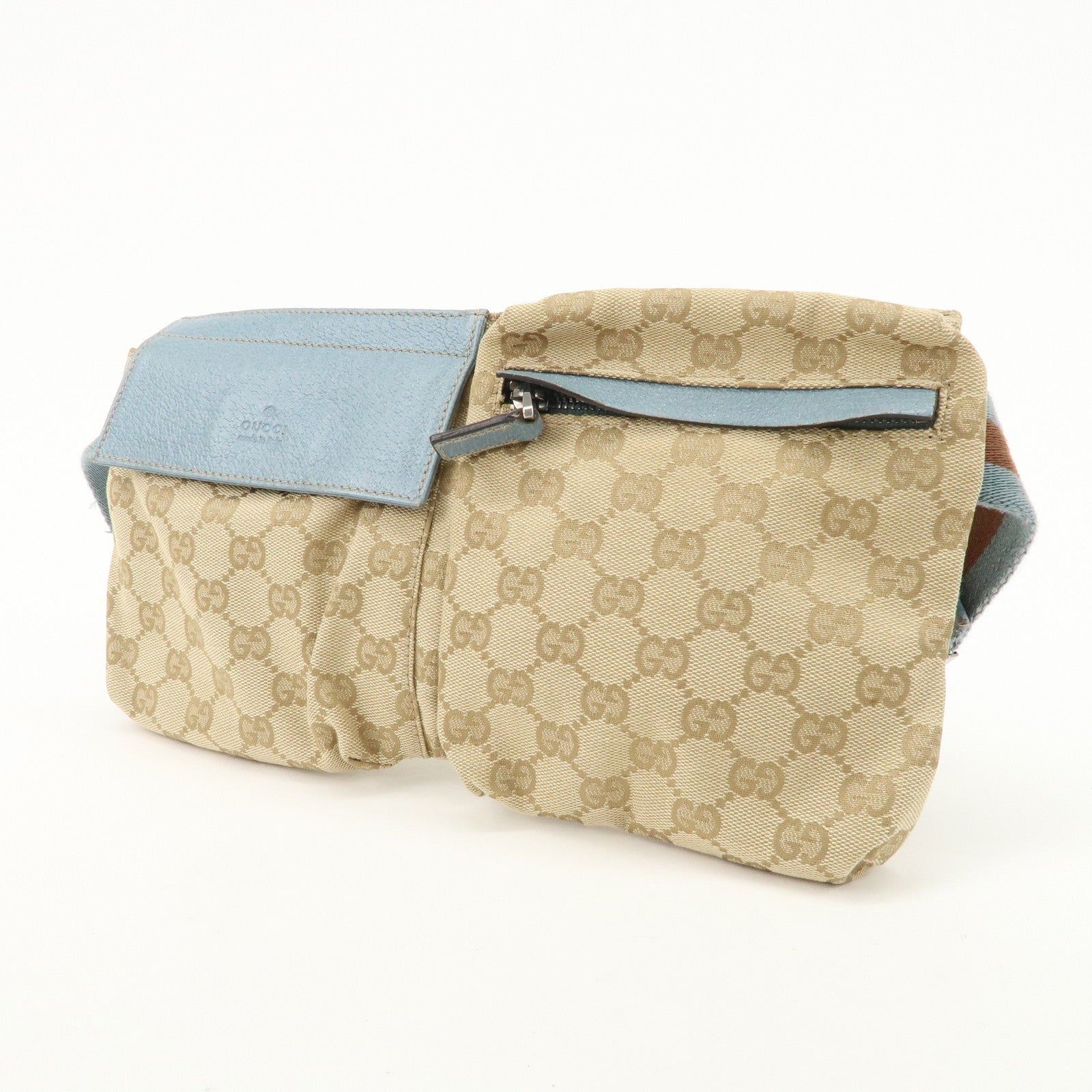 GUCCI GG Canvas Leather Waist Bag Crossbody Bag Light Blue 28566