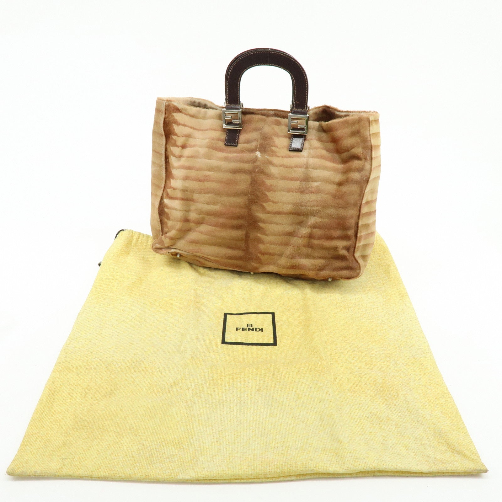 FENDI Calf Hair Leather Animal Pattern Tote Bag Hand Bag Brown