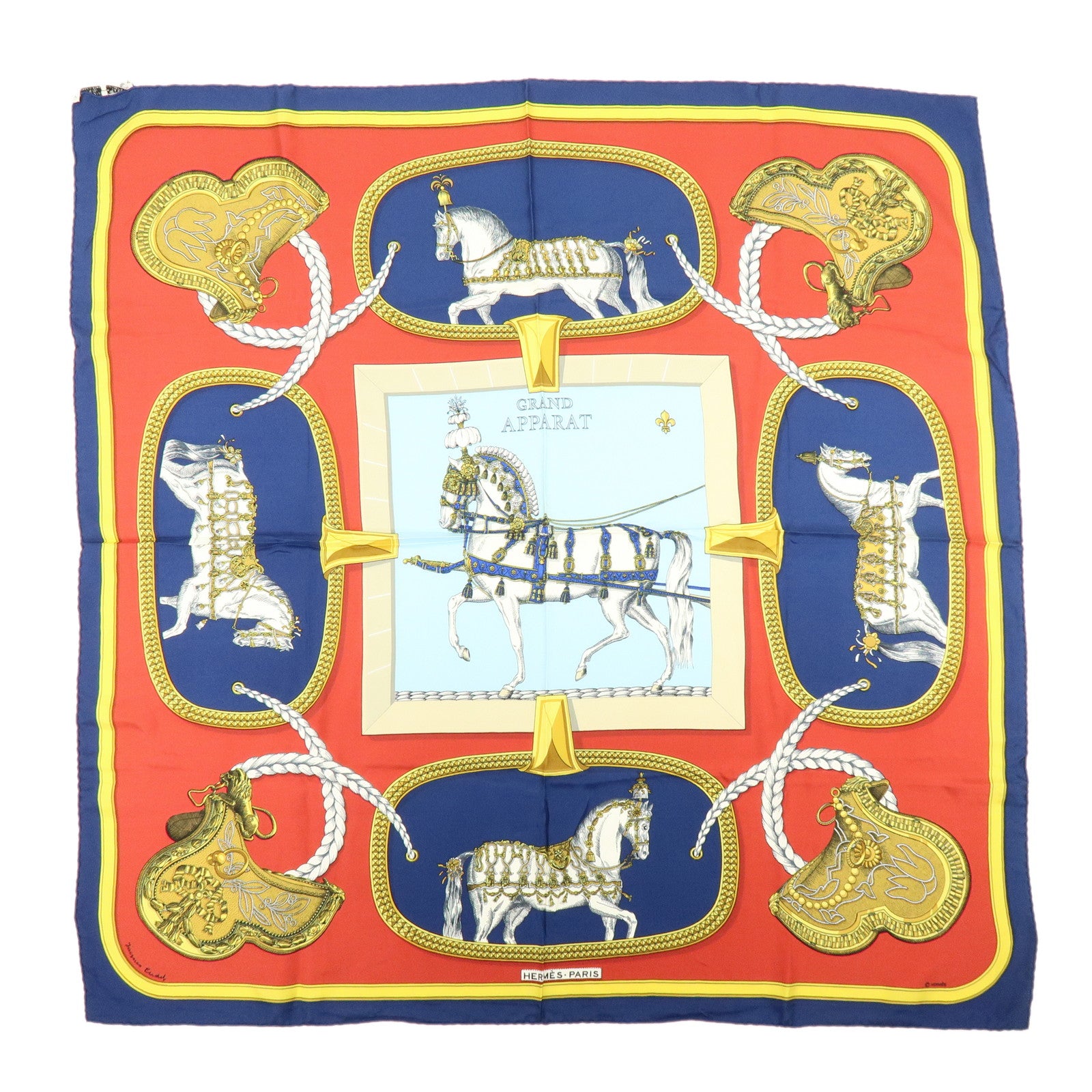 HERMES Carre 90 Silk 100% Scarf GRAND APPARAT Navy Multi Color