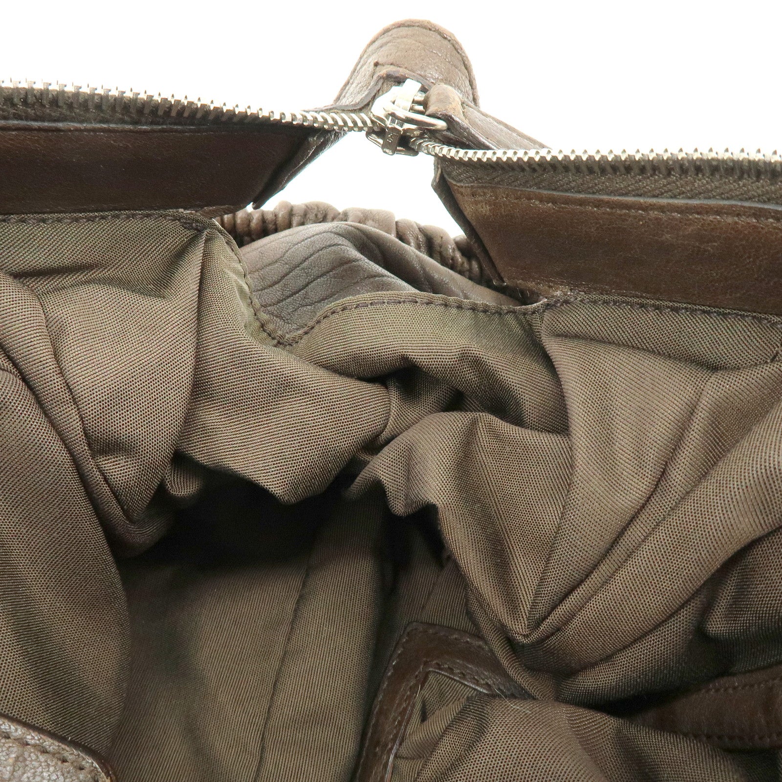 Christian Dior Embossed Gathered Leather Boston Bag Hand Bag Brown