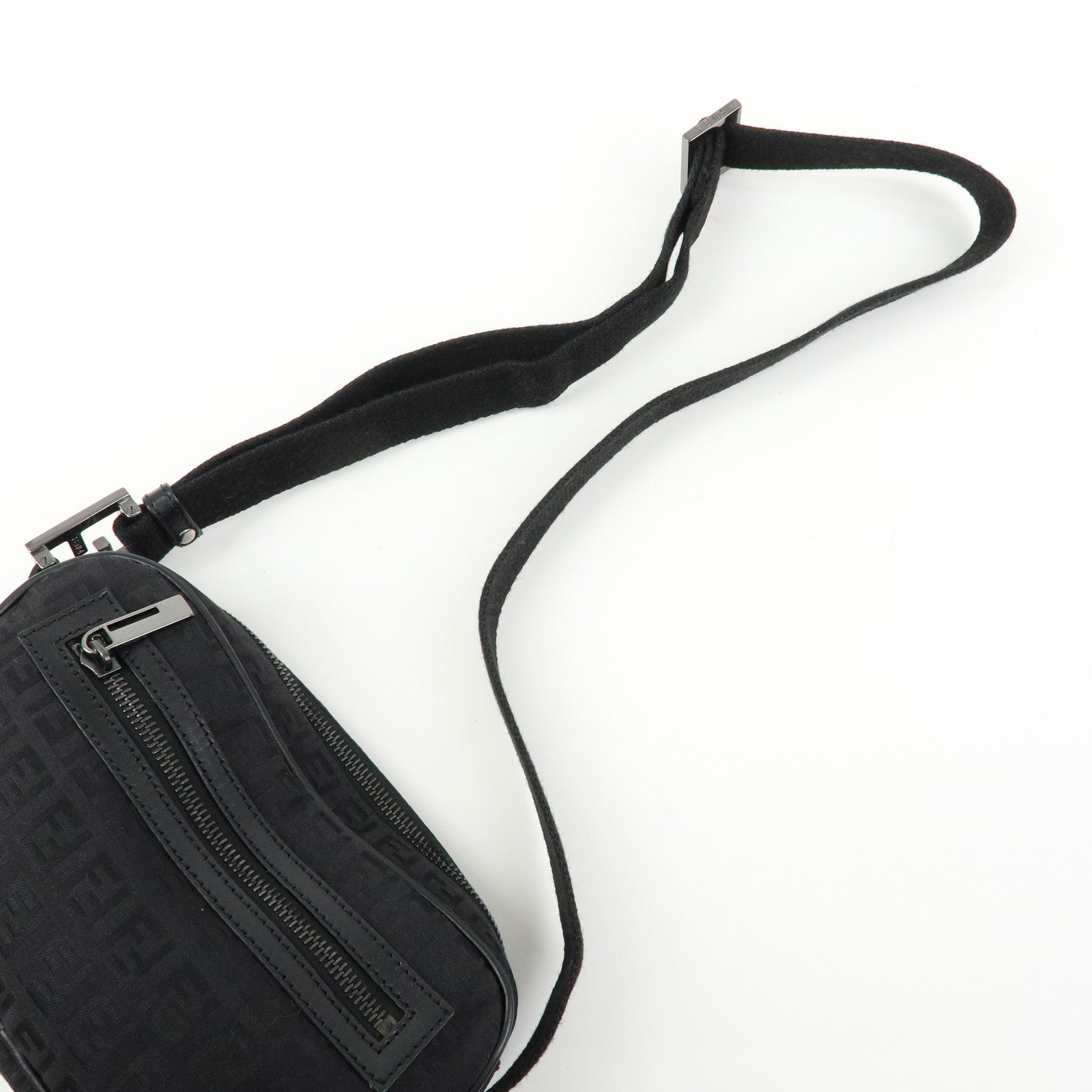 FENDI Zucchino Canvas Leather Shoulder Crossbody Bag Black 8BR324
