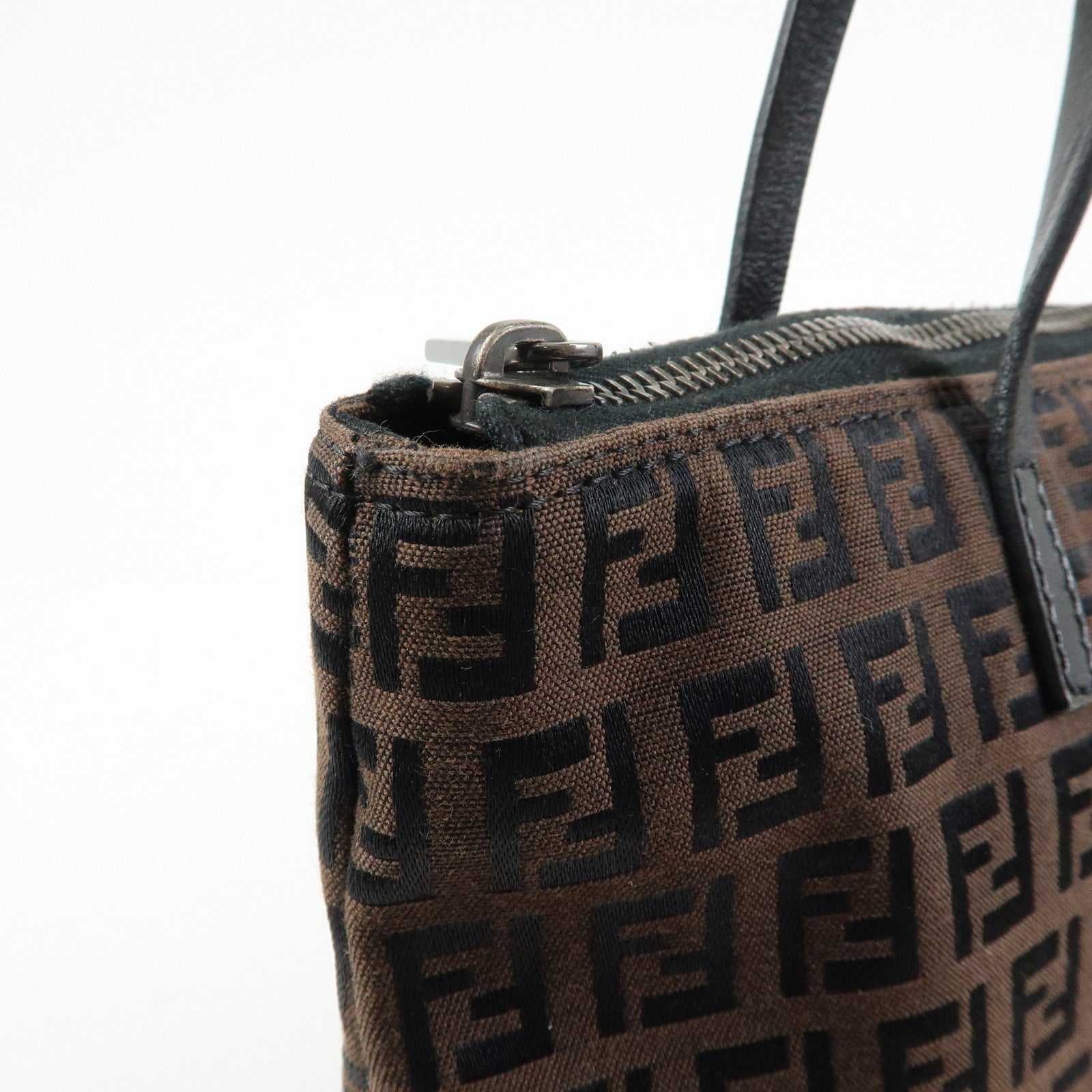 FENDI Zucchino Canvas Leather Tote Bag Shoulder Bag Brown 8BH023