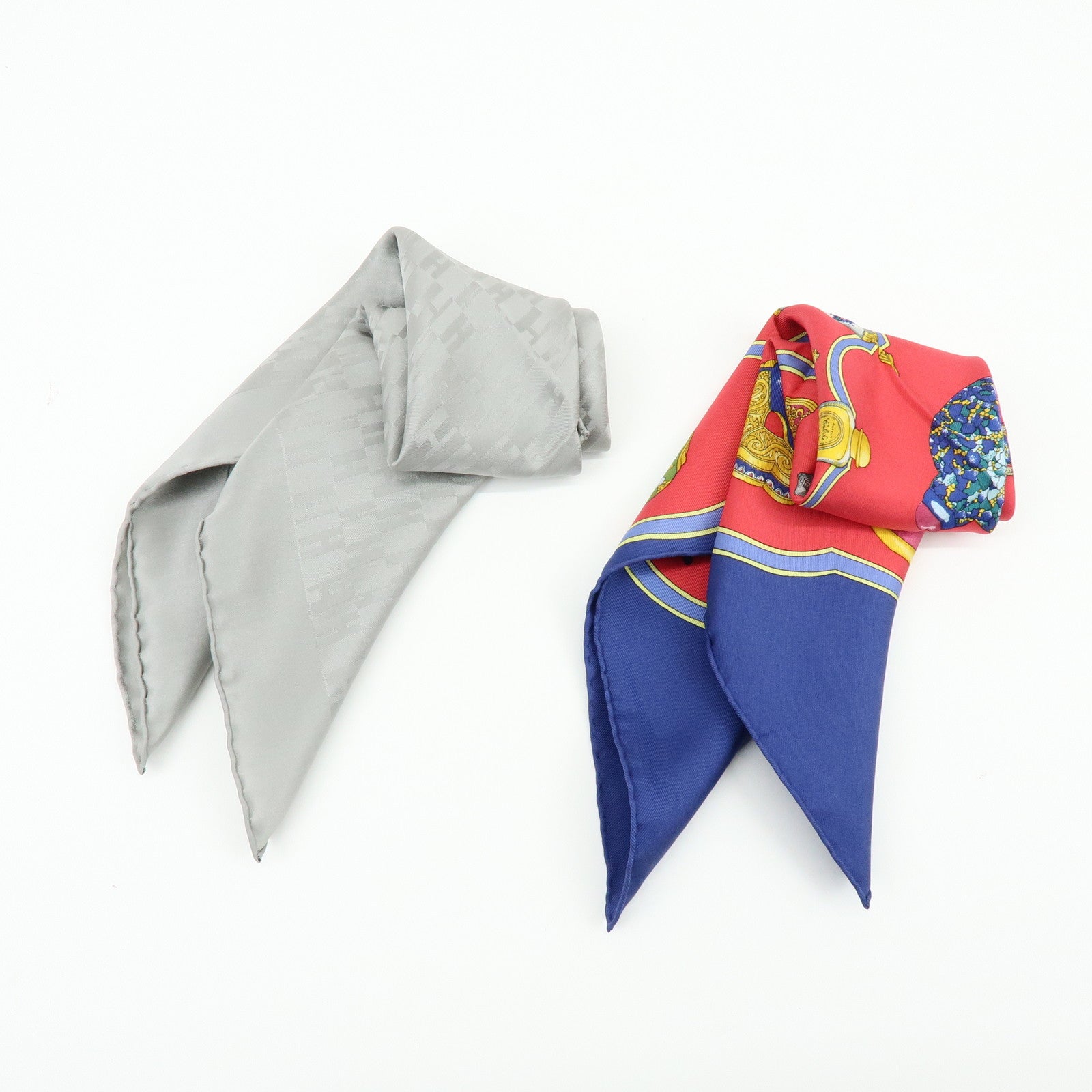 HERMES Carre 45 Set of 2 Silk 100% Scarf Red Navy Gray