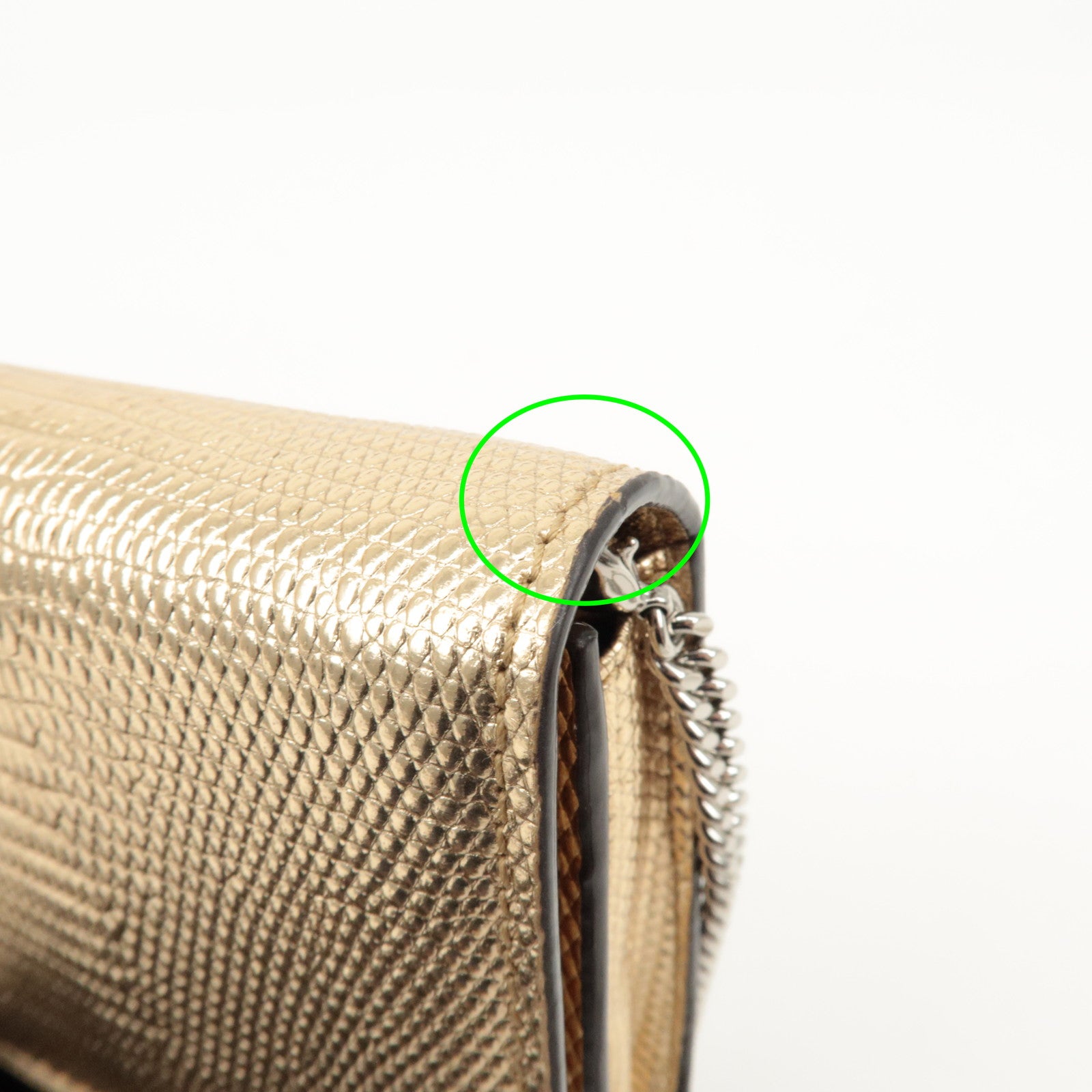 JIMMY CHOO Leather Rhine Stone Chain Wallet Gold Silver HDW Used