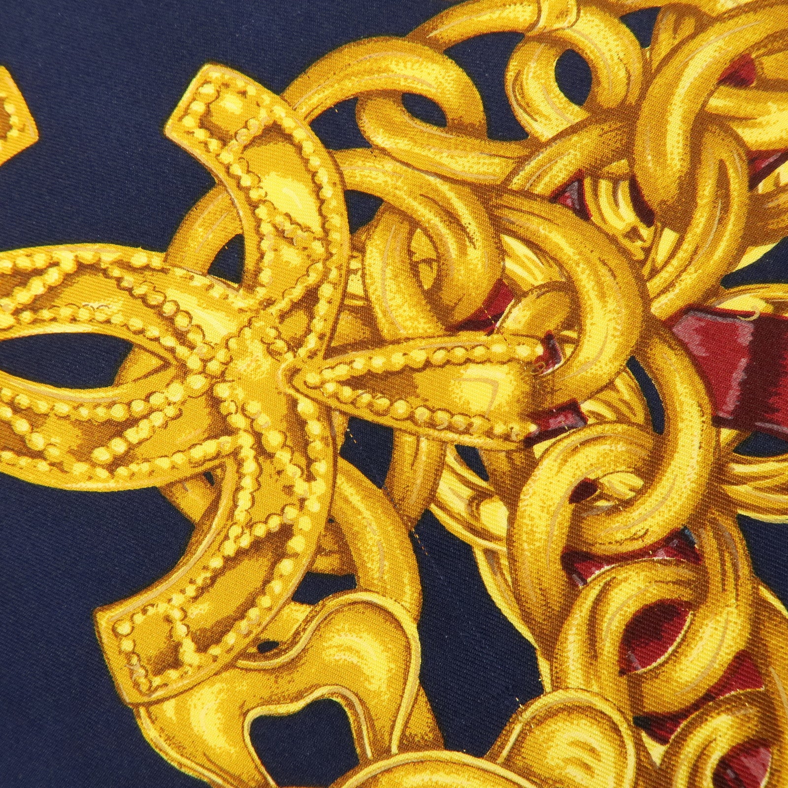 CHANEL Silk 100% Scarf COCO Mark Chain Motif Navy Gold