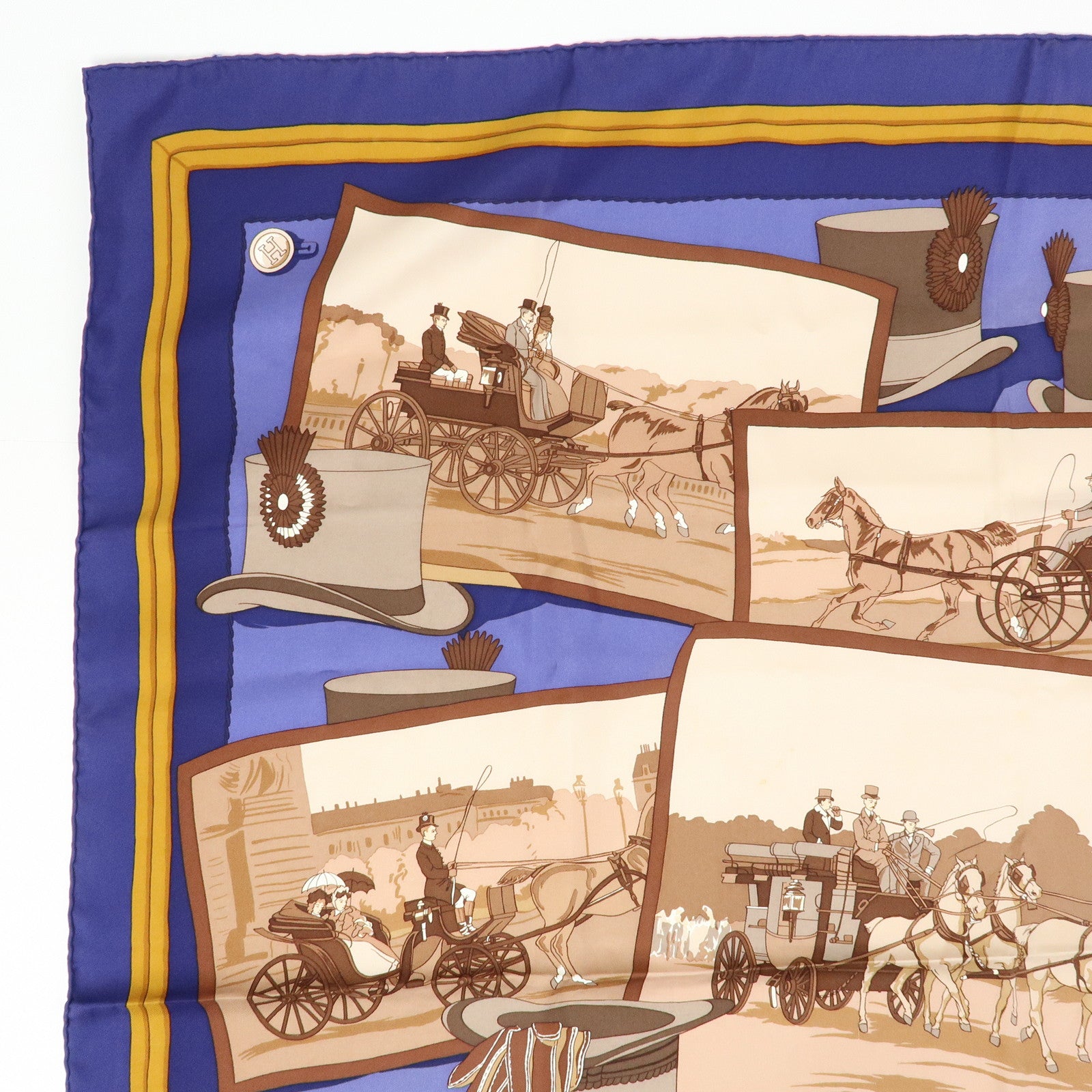 HERMES Carre 90 Set of 2 Silk 100% Scarf Navy Beige Brown