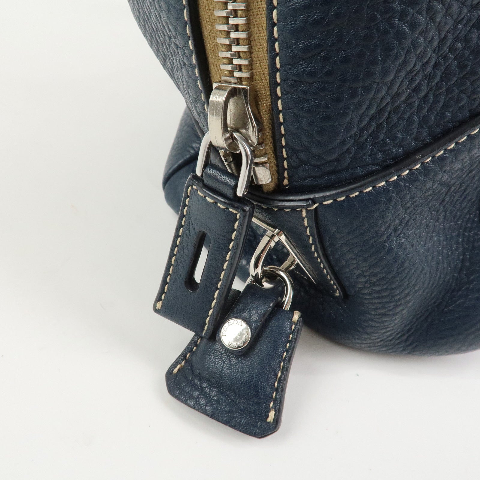 PRADA Logo Leather Boston Bag Hand Bag Navy BR3091