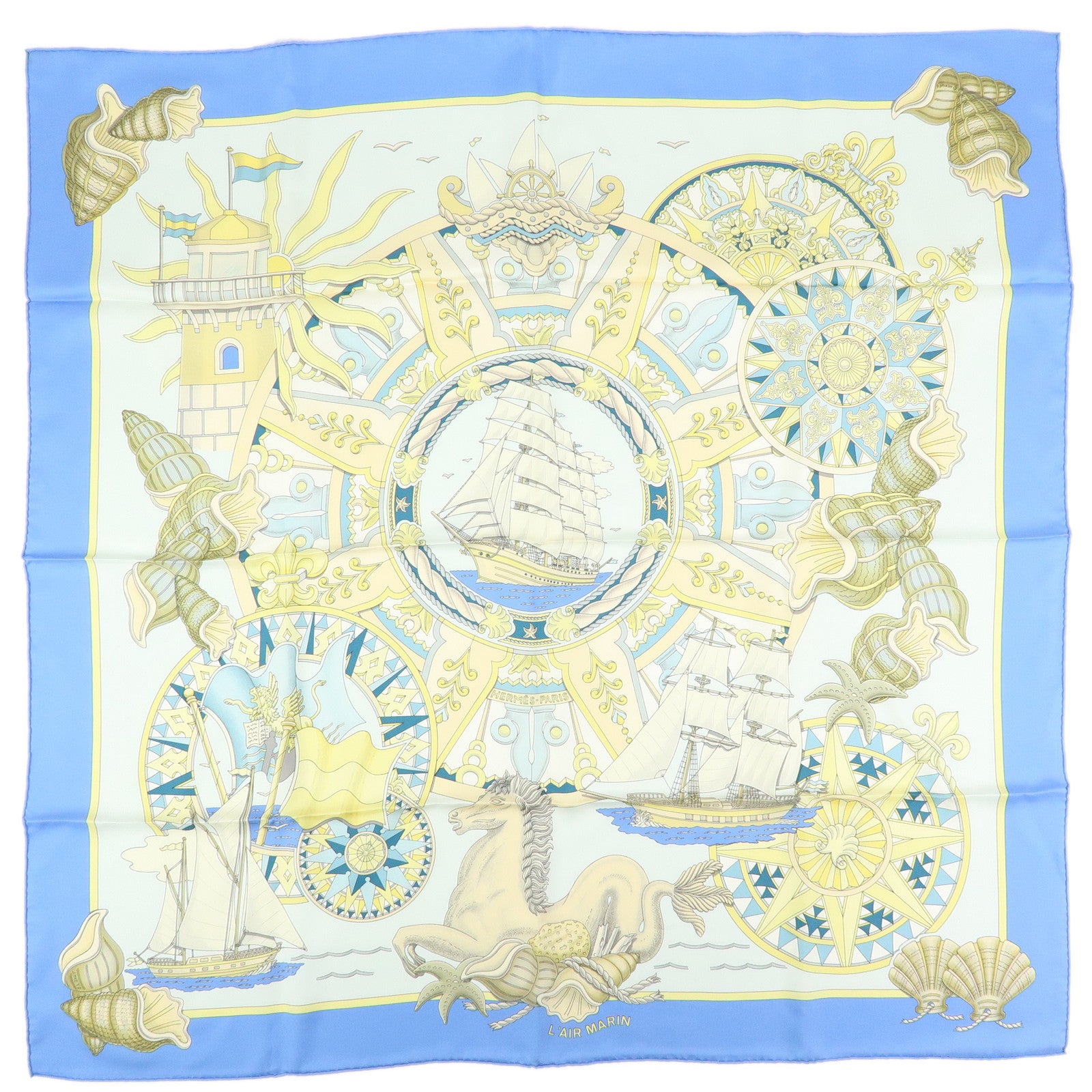 HERMES Carre 90 Silk 100% Scarf  L'AIR MARIN Ship Print Blue Ivory