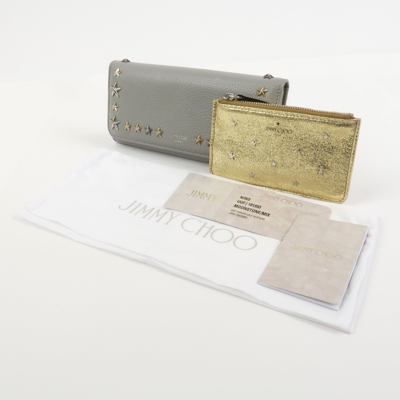JIMMY CHOO Set of 2 Leather Long Wallet Coin Case Gray Gold