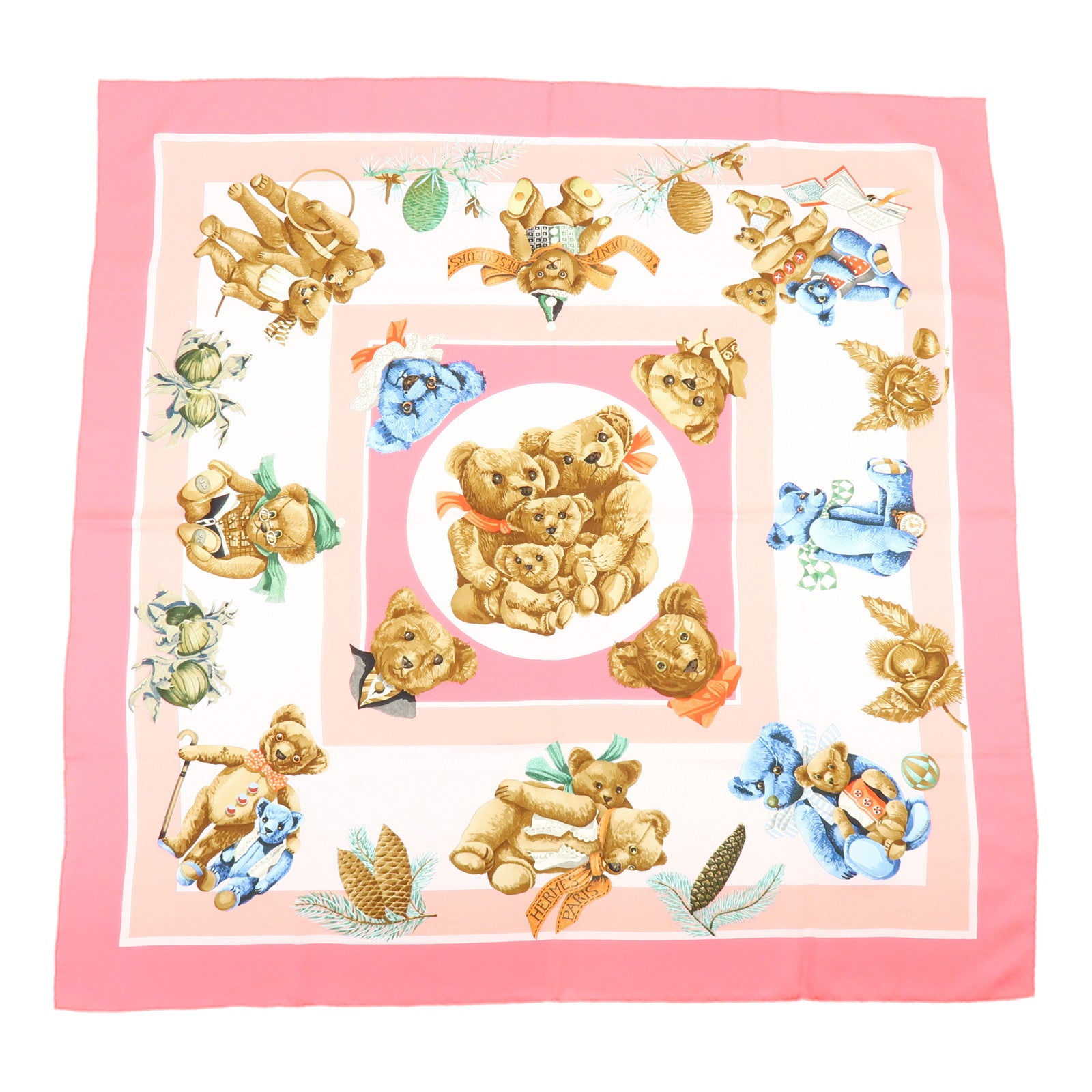 HERMES Carre 90 Silk 100% Scarf Confidents de Coeurs Bear Print
