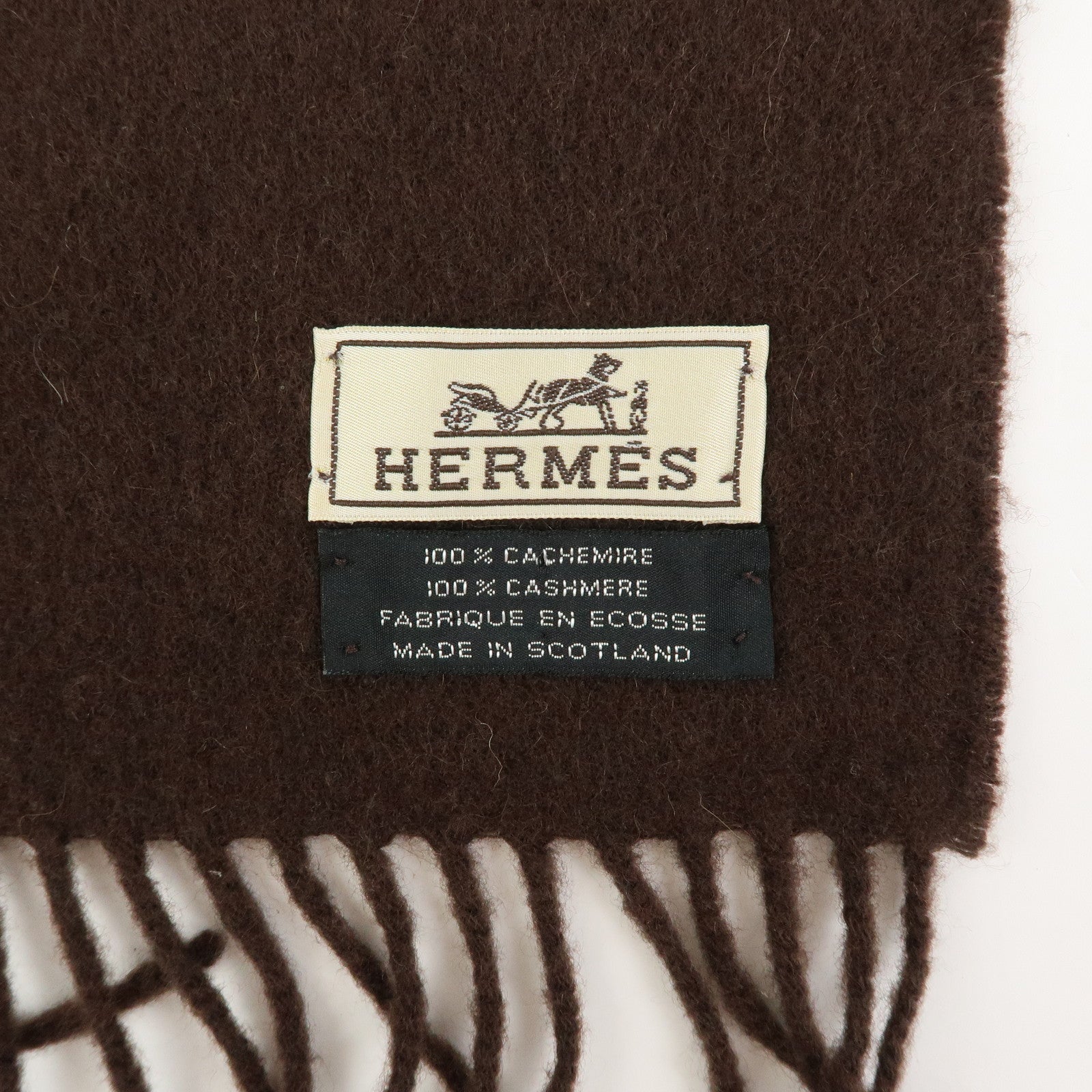 HERMES Logo Cashmere 100% Scarf Stole Fringe Dark Brown