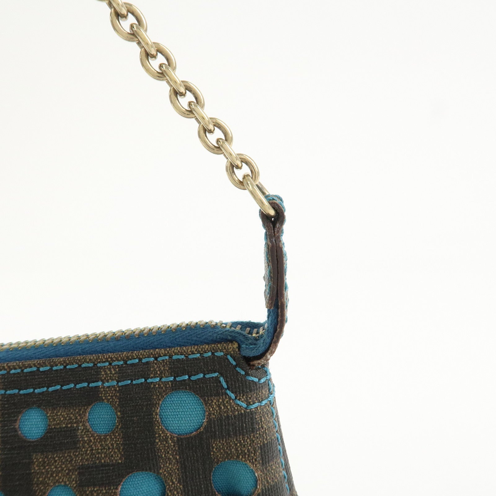 FENDI Zucca PVC Canvas Chain Accessory Pouch Brown Blue 8BR592