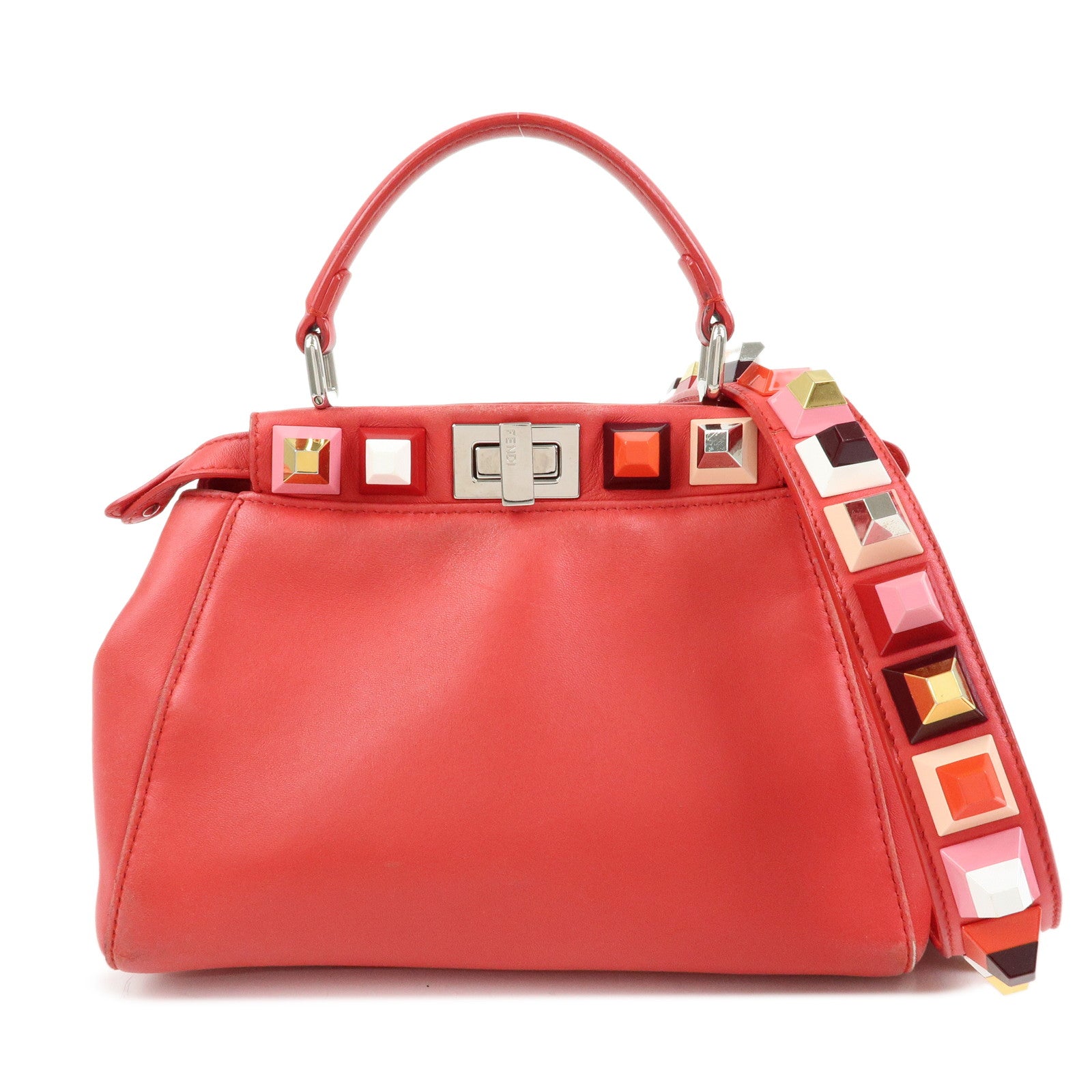 FENDI Peekaboo Mini Leather 2Way Shoulder Bag Hand Bag Red 8BN244