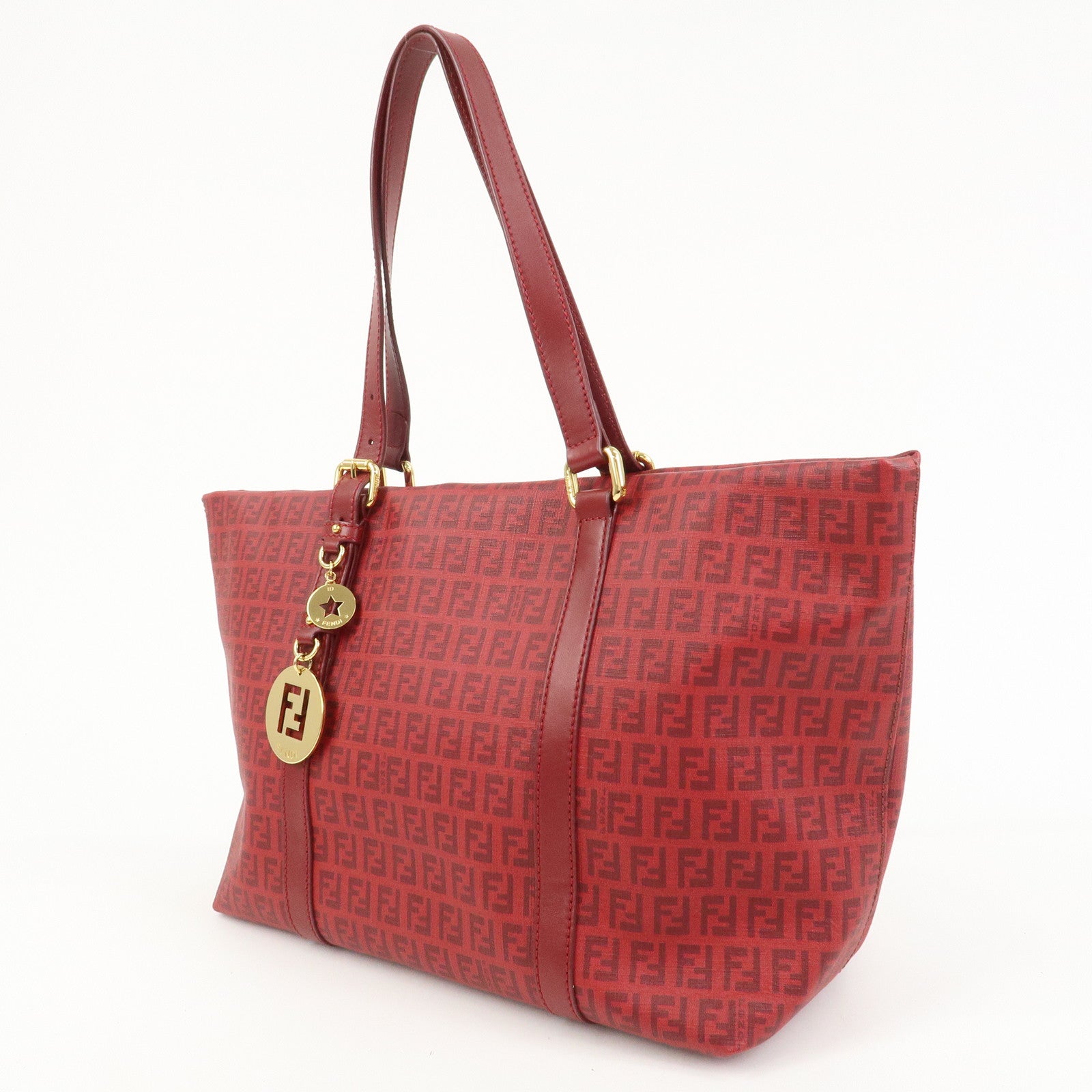 FENDI Zucchino PVC Leather Tote Bag Shoulder Bag Red Gold 8BH215