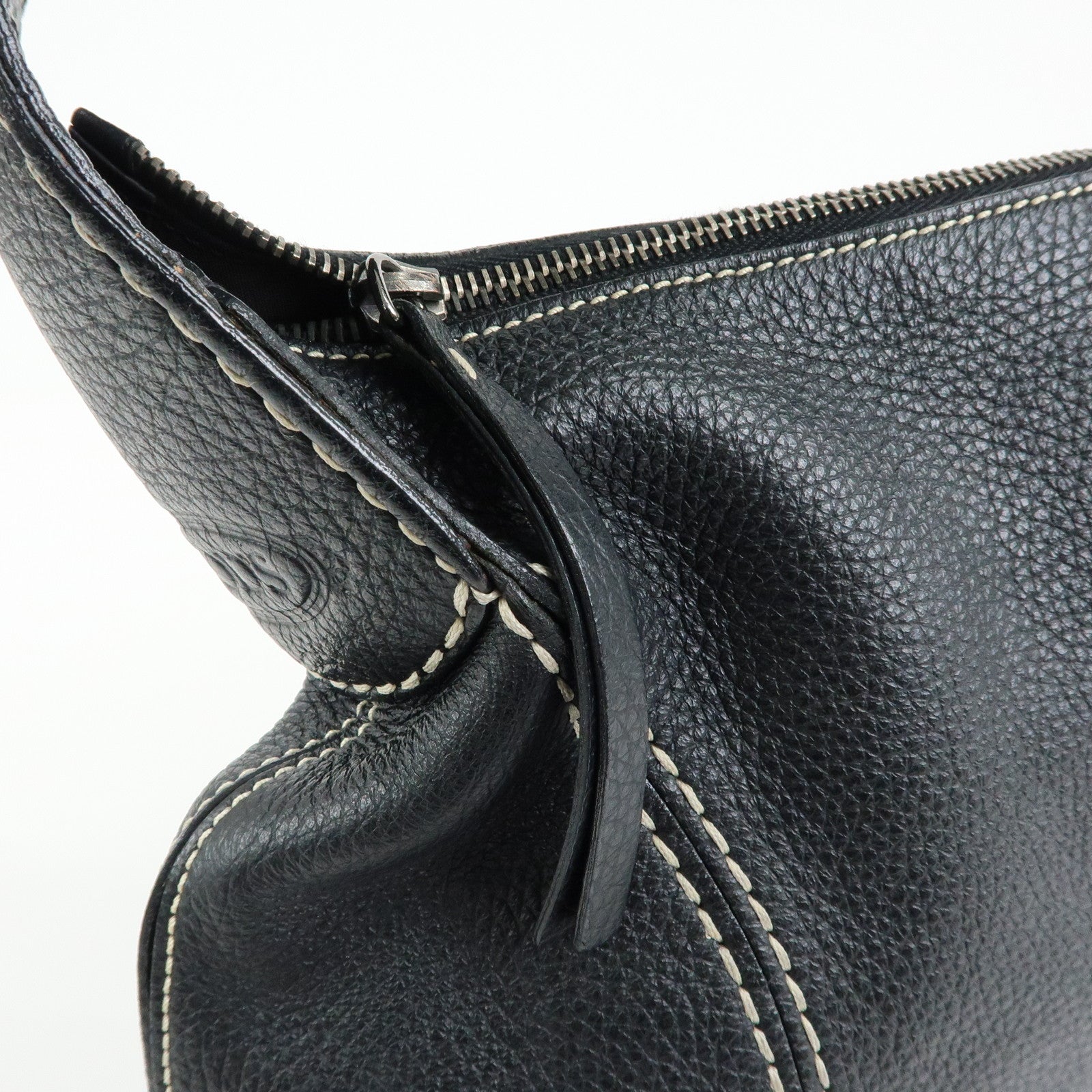 TOD'S Logo Stitches Leather Shoulder Bag Hand Bag Black