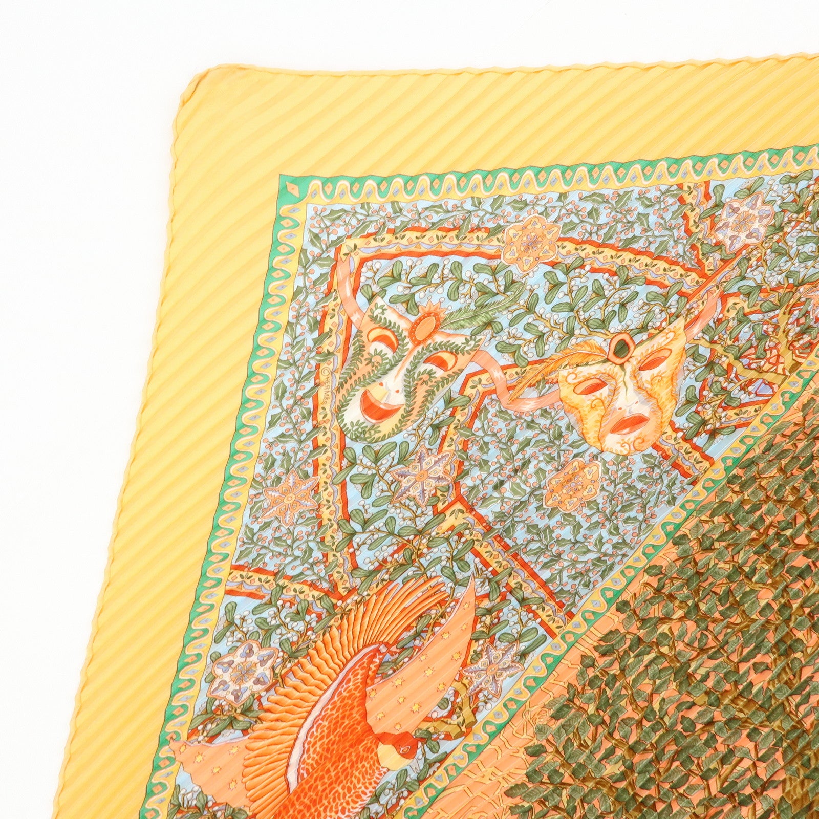 HERMES Pleated Carre 90 Silk 100% Scarf AXIS MUNDI Tree Print