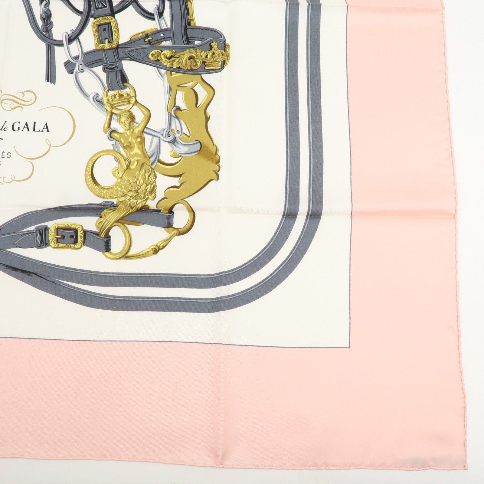HERMES Carre 90 Silk 100% RIDES DE GALA Scarf Light Pink White