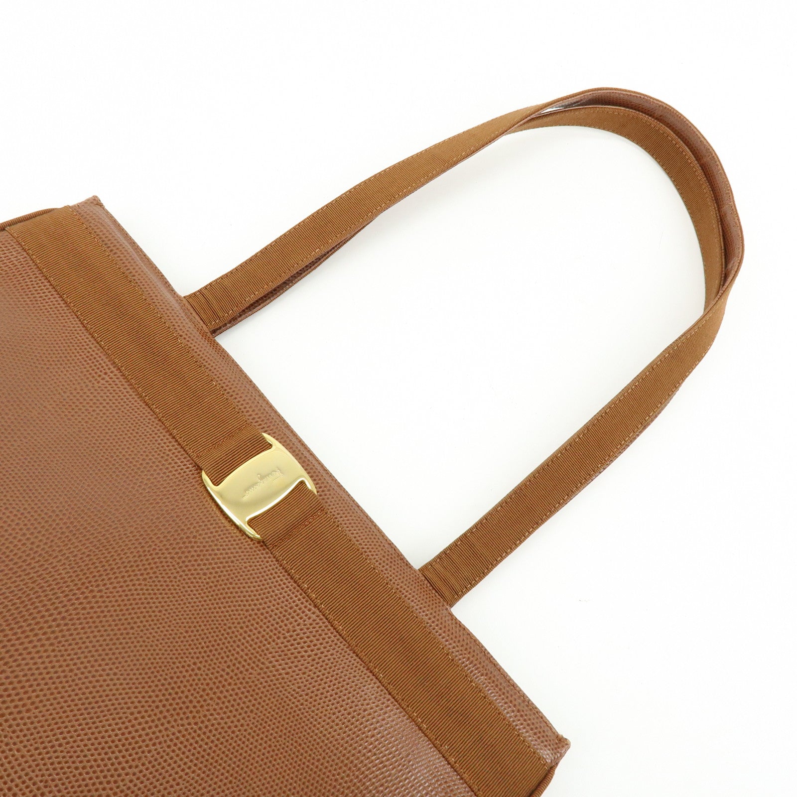 Ferragamo Vara Embossed Leather Tote Bag Shoulder Bag Brown