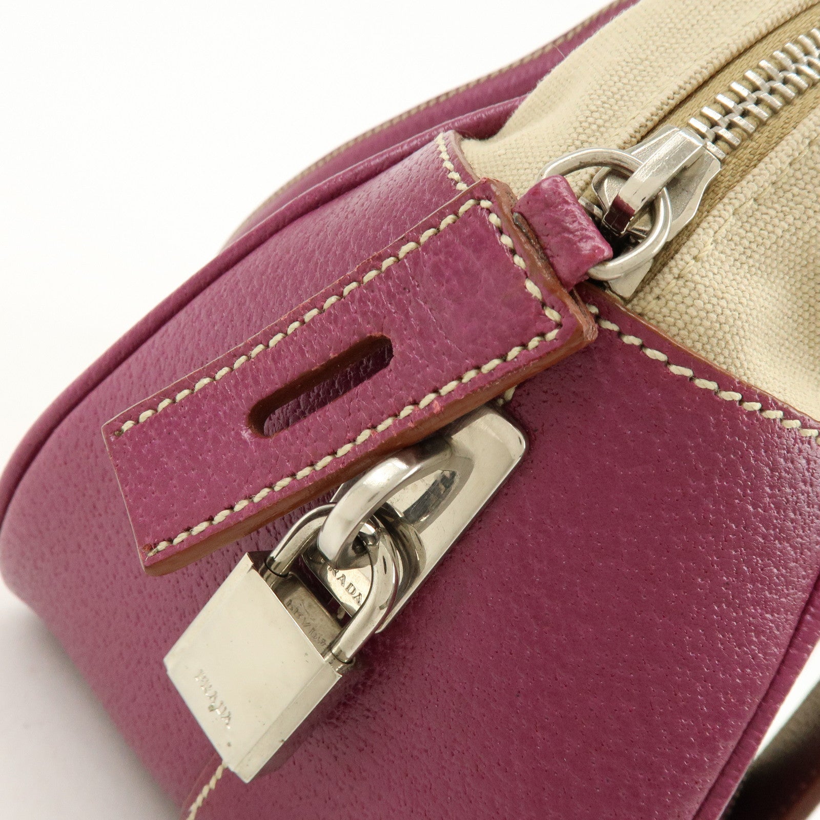 PRADA Triangle Logo Canvas Leather Bowling Bag Natural Purple