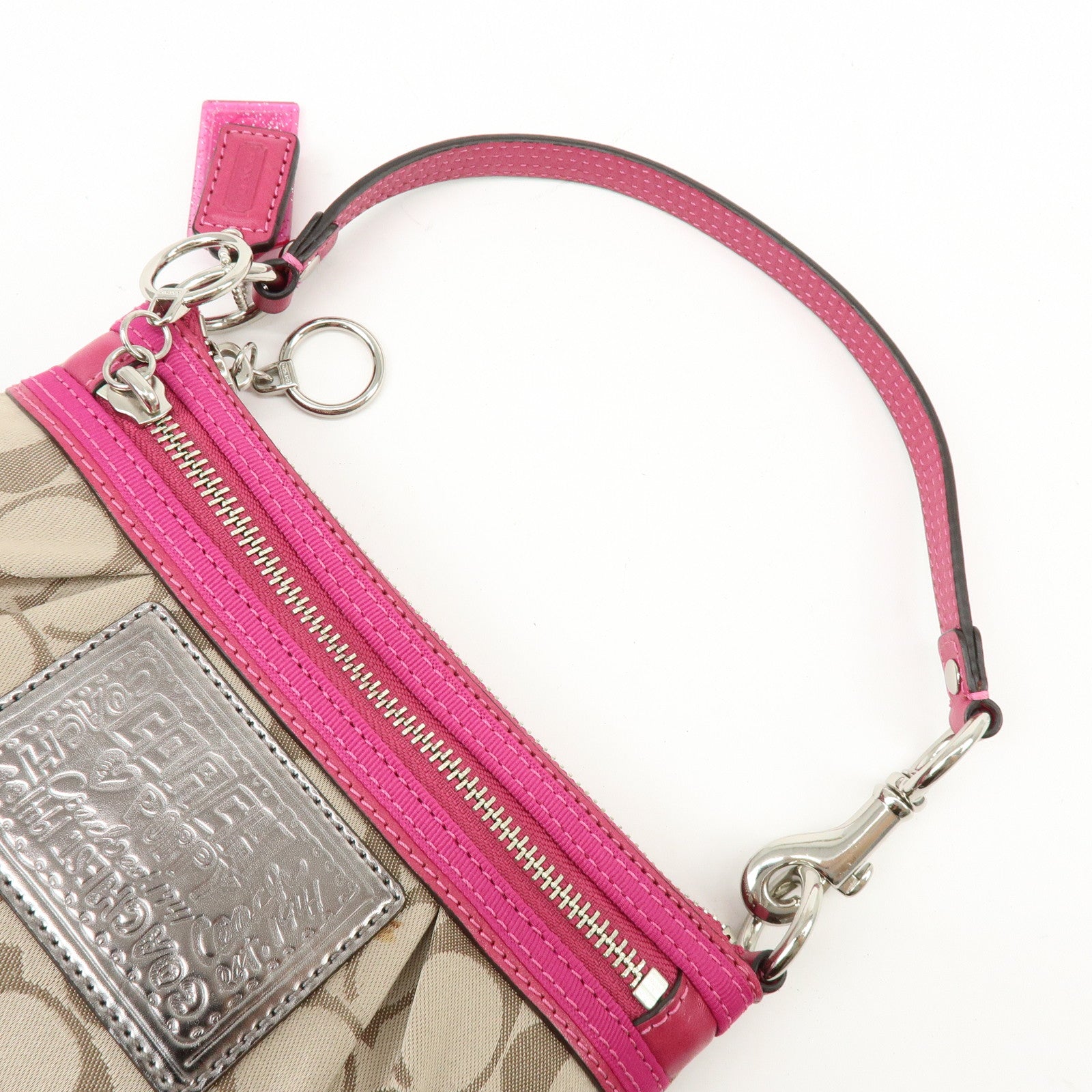 COACH Poppy Signature Nylon Leather Hand Bag Beige Pink