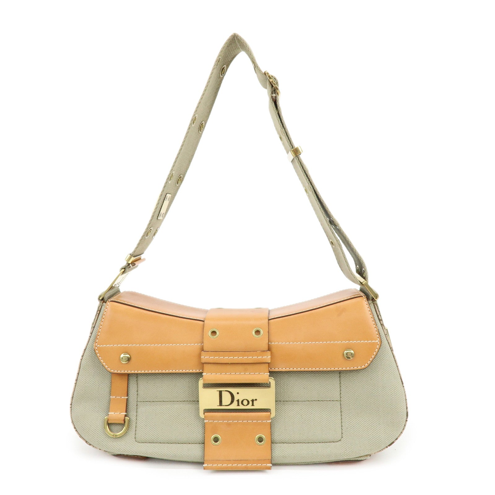 Christian Dior Street Chic Canvas Leather Shoulder Bag Khaki Camel