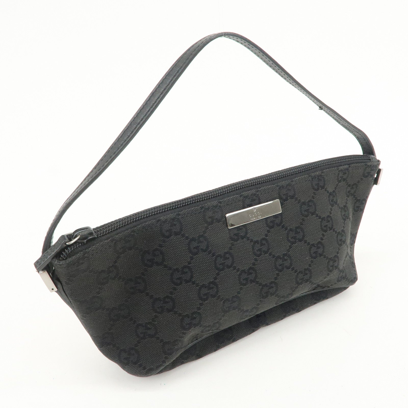 GUCCI Boat Bag GG Canvas Leather Hand Bag Pouch Black 07198