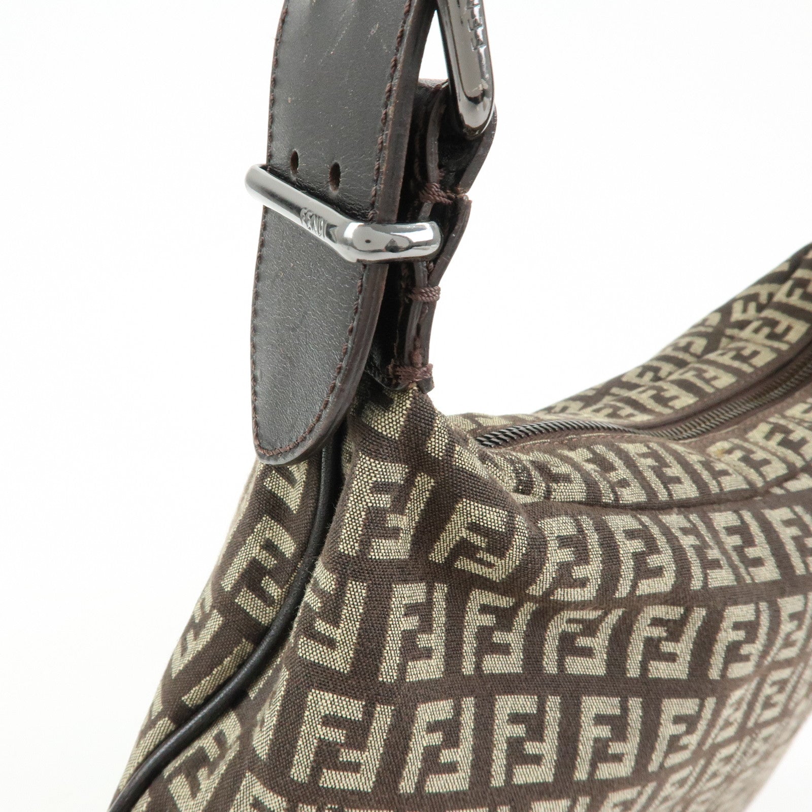 FENDI Zucchino Canvas Leather Shoulder Bag Dark Brown 8BR228