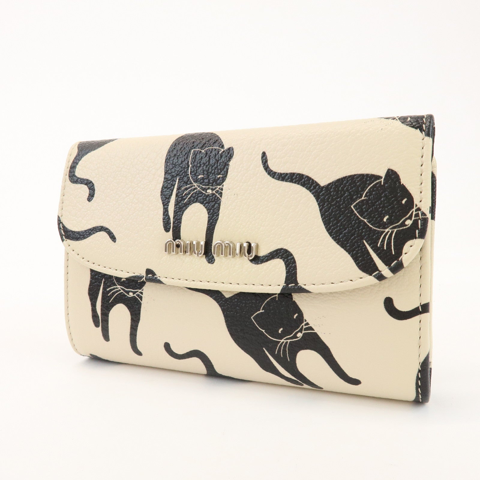 MIU MIU Leather Bi-fold Compact Wallet Black Cat Ivory 5ML225