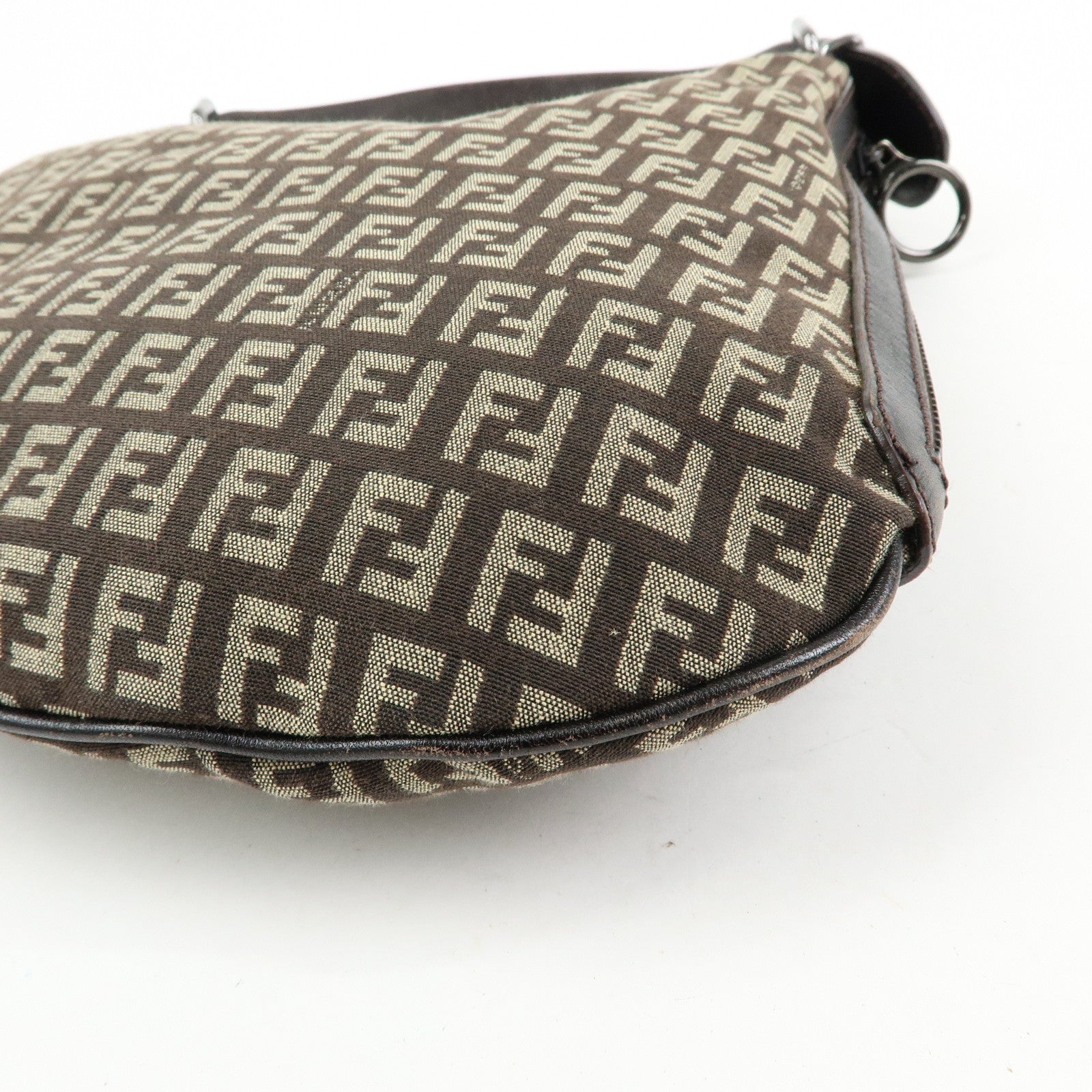 FENDI Zucchino Canvas Leather Shoulder Bag Dark Brown 8BR228