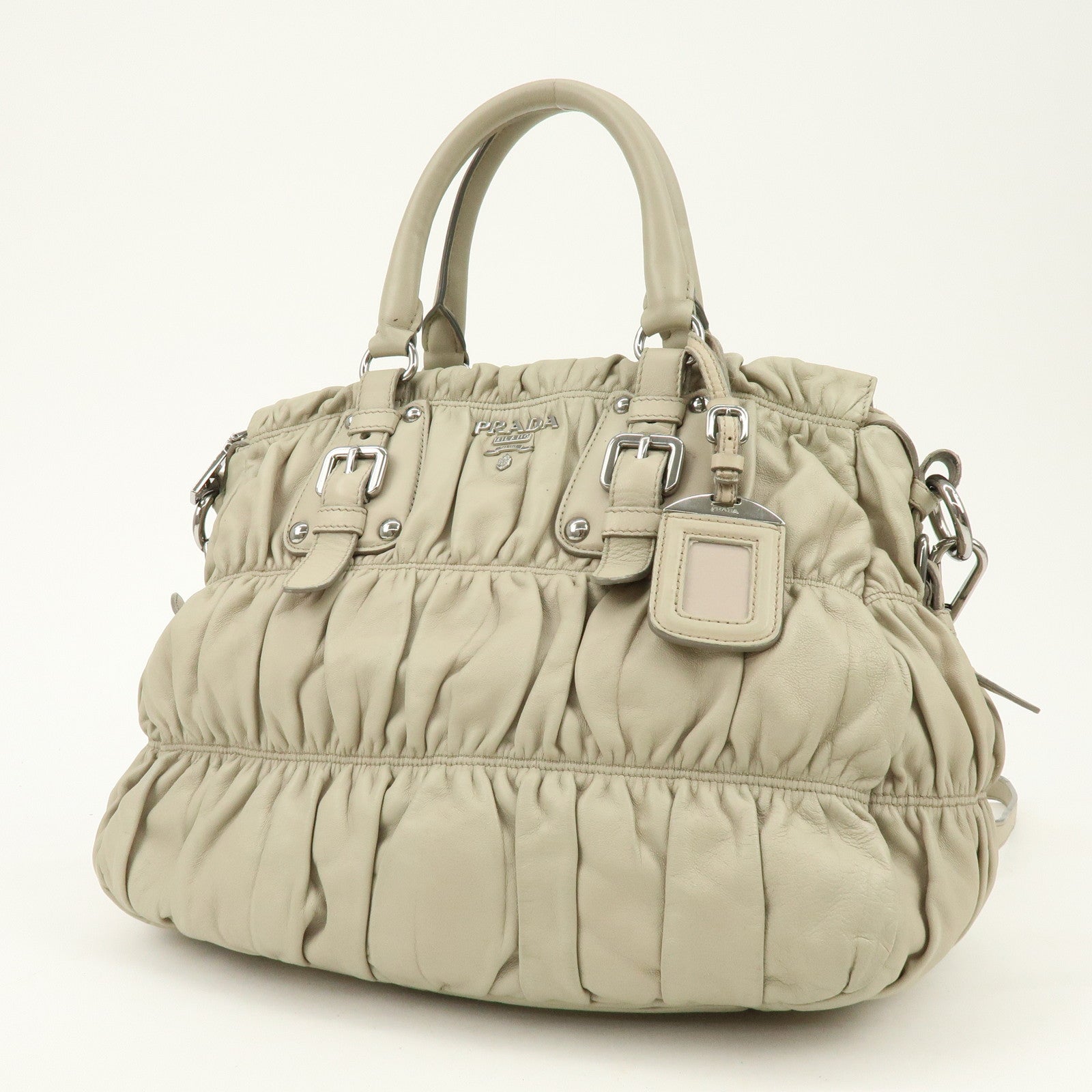 PRADA Leather 2Way Bag Hand Bag Shoulder Bag Beige