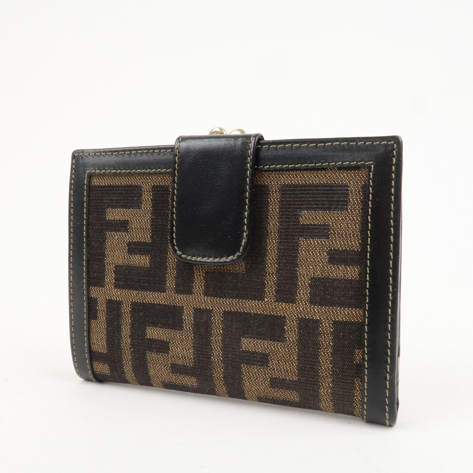 FENDI Zucca Kiss Lock Canvas Leather Bi-fold Wallet Brown 30207