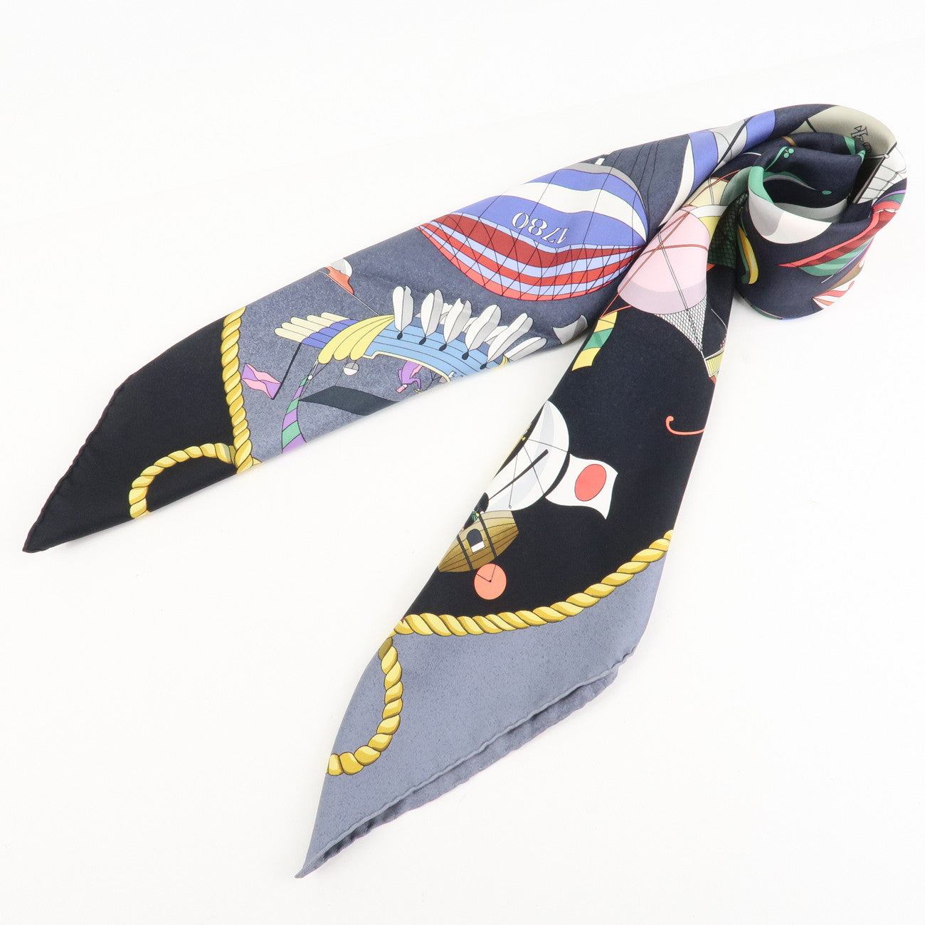 HERMES Carre 90 Silk 100% Scarf LES FOLIES DU CIEL Black Multicolor Used