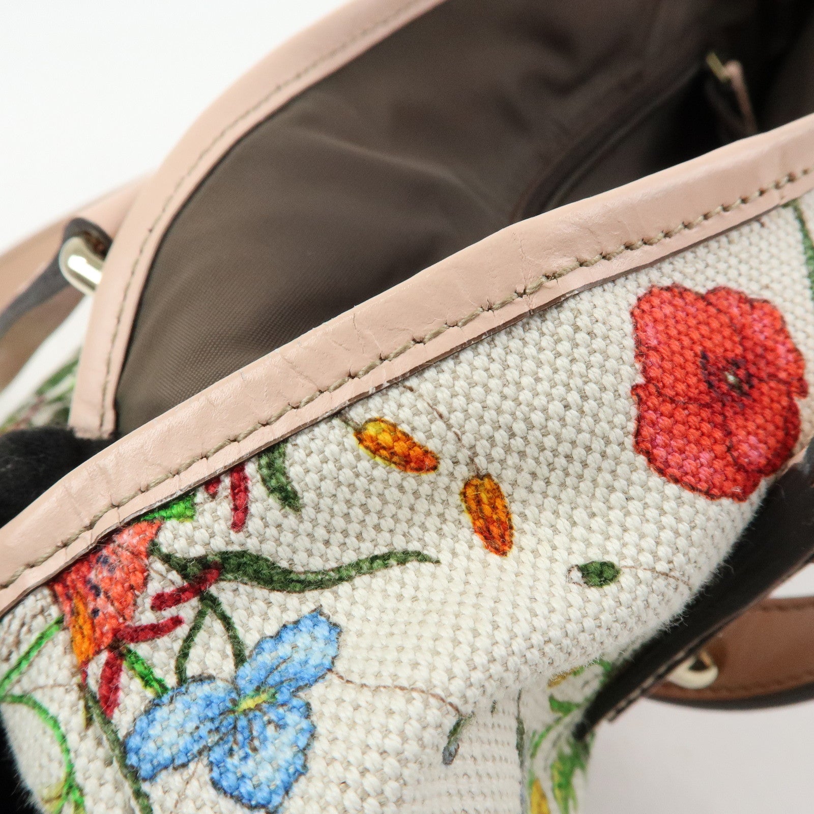 GUCCI Flora Flower Motif Canvas Leather Tote Bag White Pink 240018