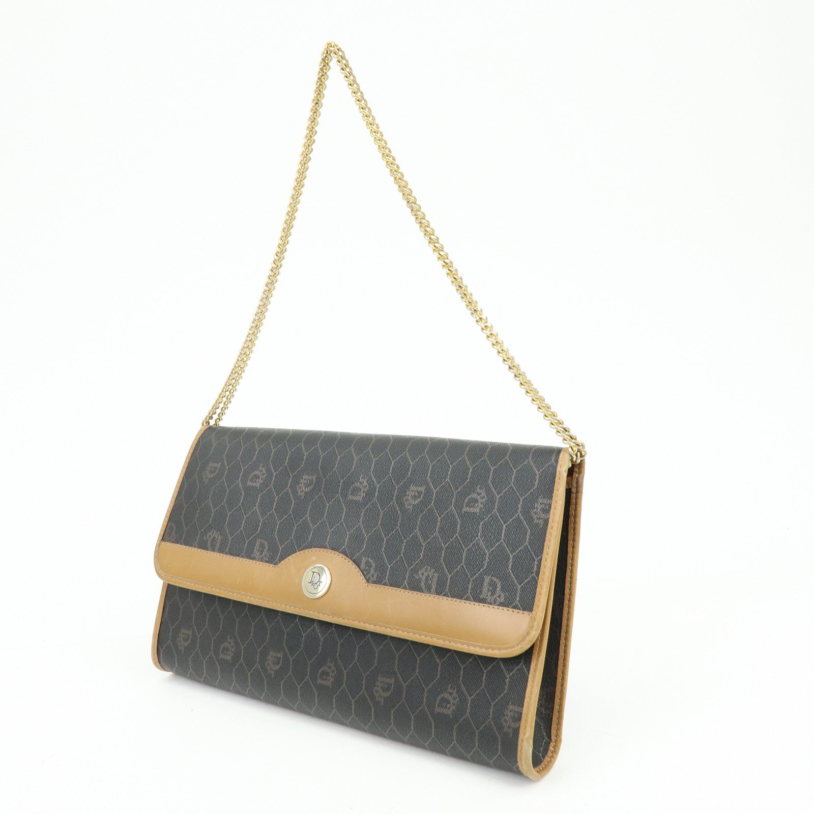 Christian Dior Honeycomb PVC Leather Chain Shoulder Bag Brown