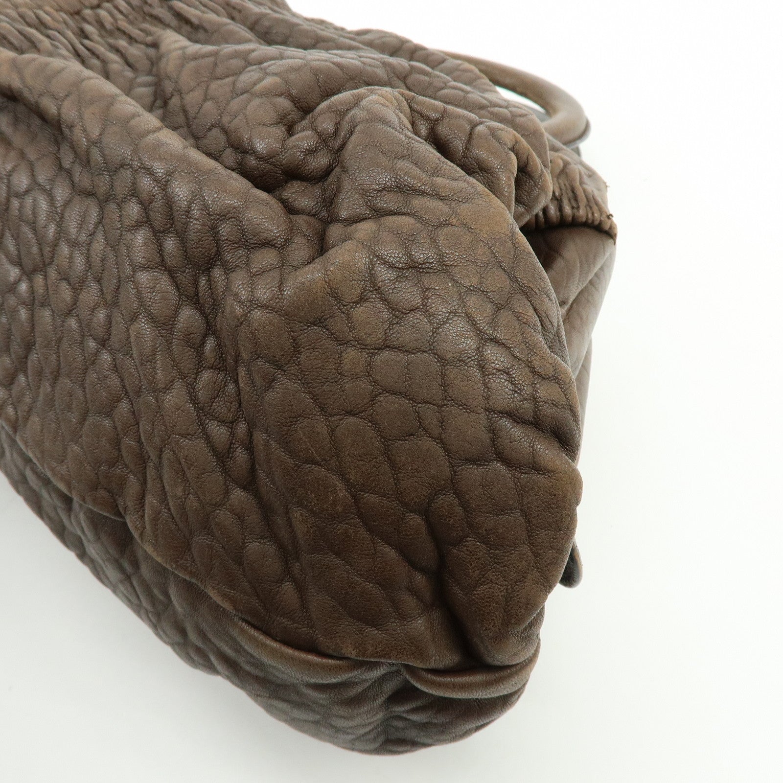 Christian Dior Embossed Gathered Leather Boston Bag Hand Bag Brown