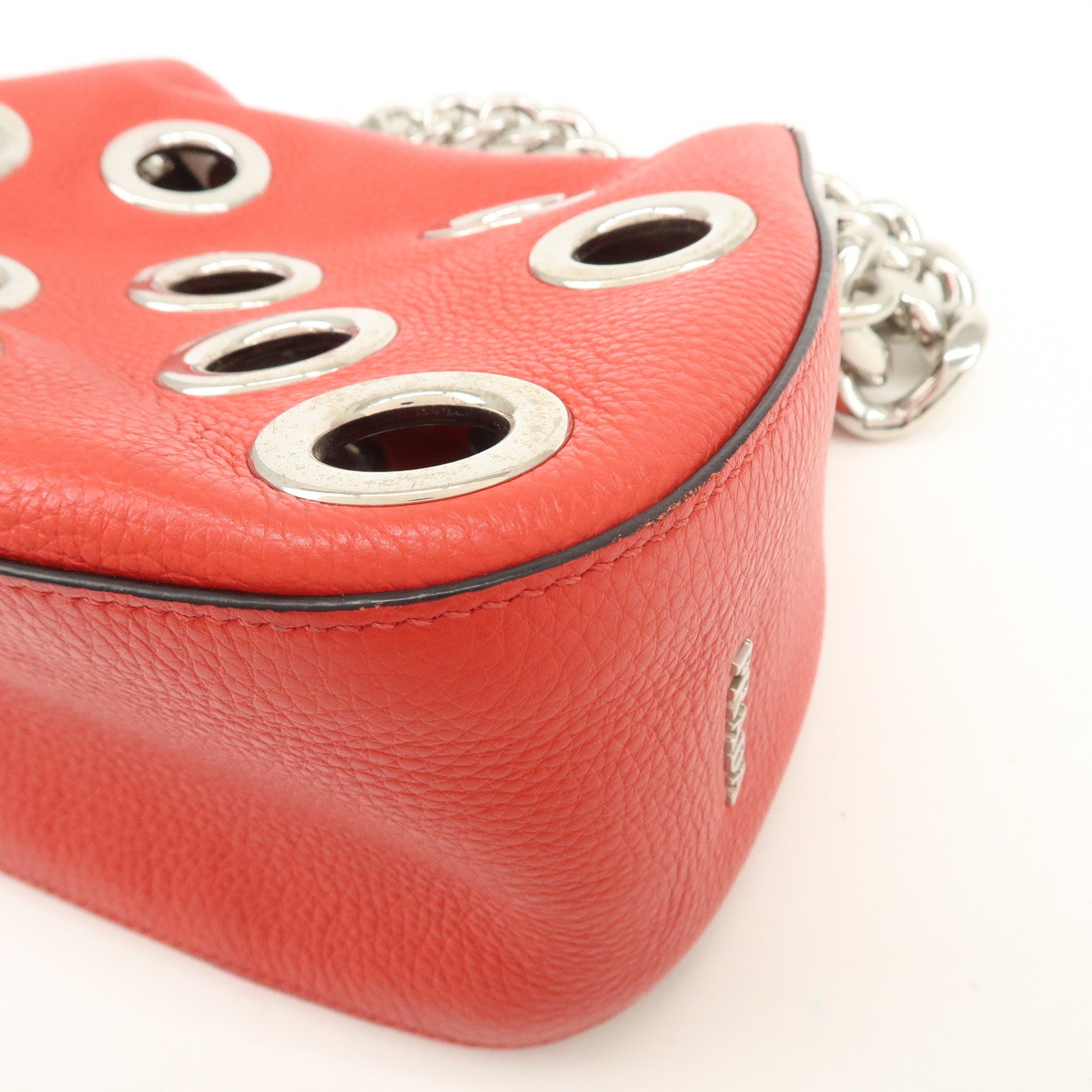 PRADA Logo Grommet Leather Chain Shoulder Bag Red Silver 1BA027