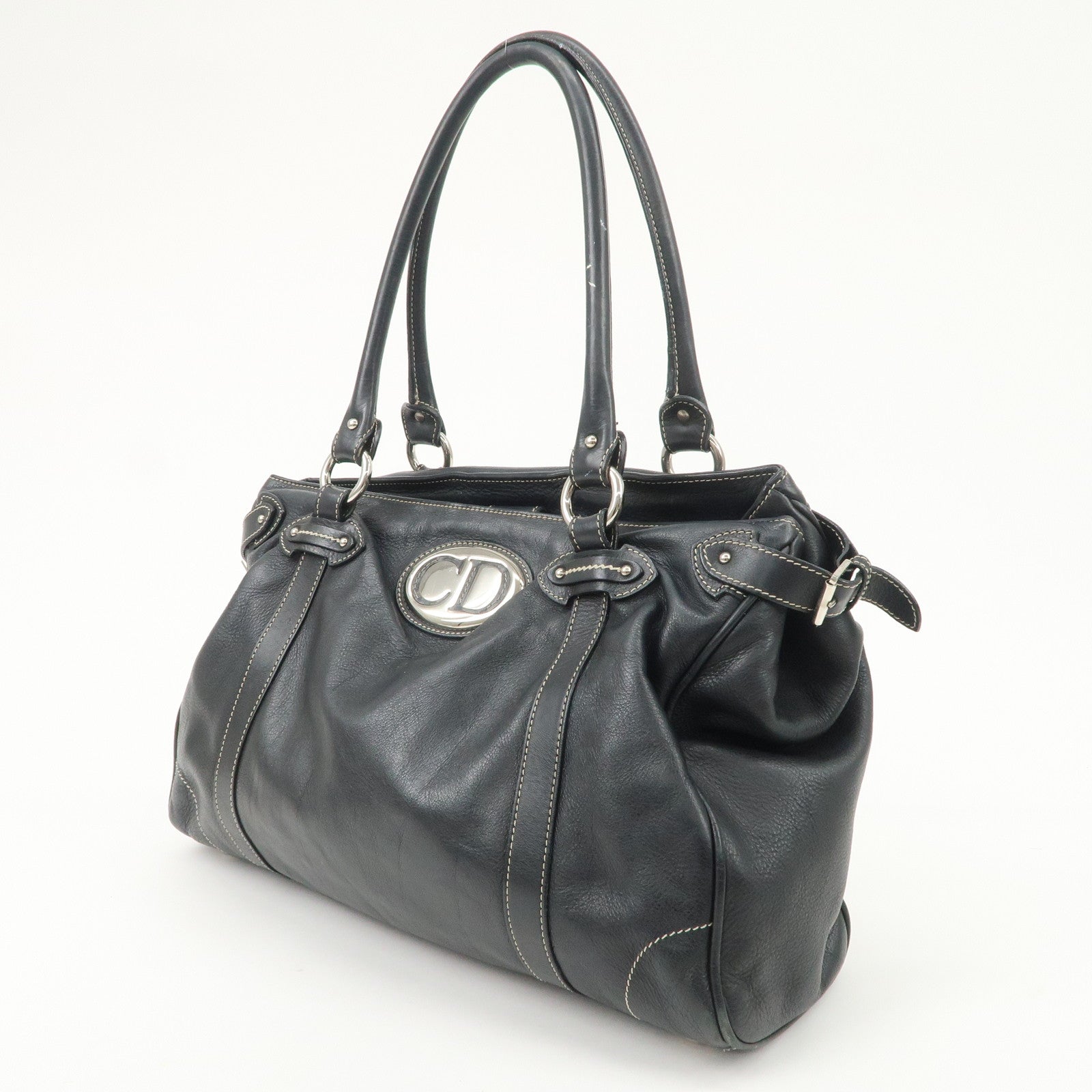 Christian Dior Leather Shoulder Bag Hand Bag Black Silver HDW