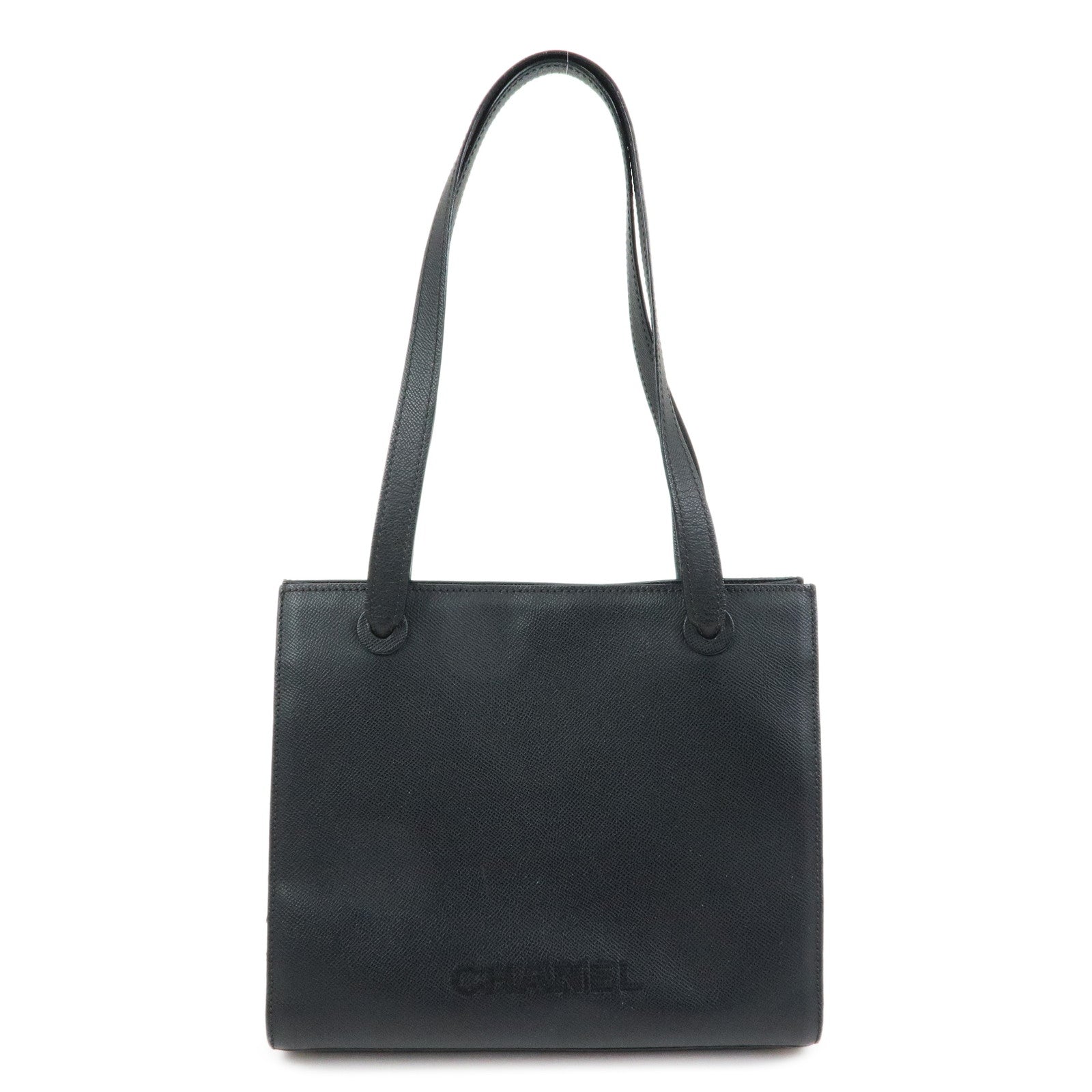 CHANEL Logo Calf Leather Tote Bag Shoulder Bag Hand Bag Black