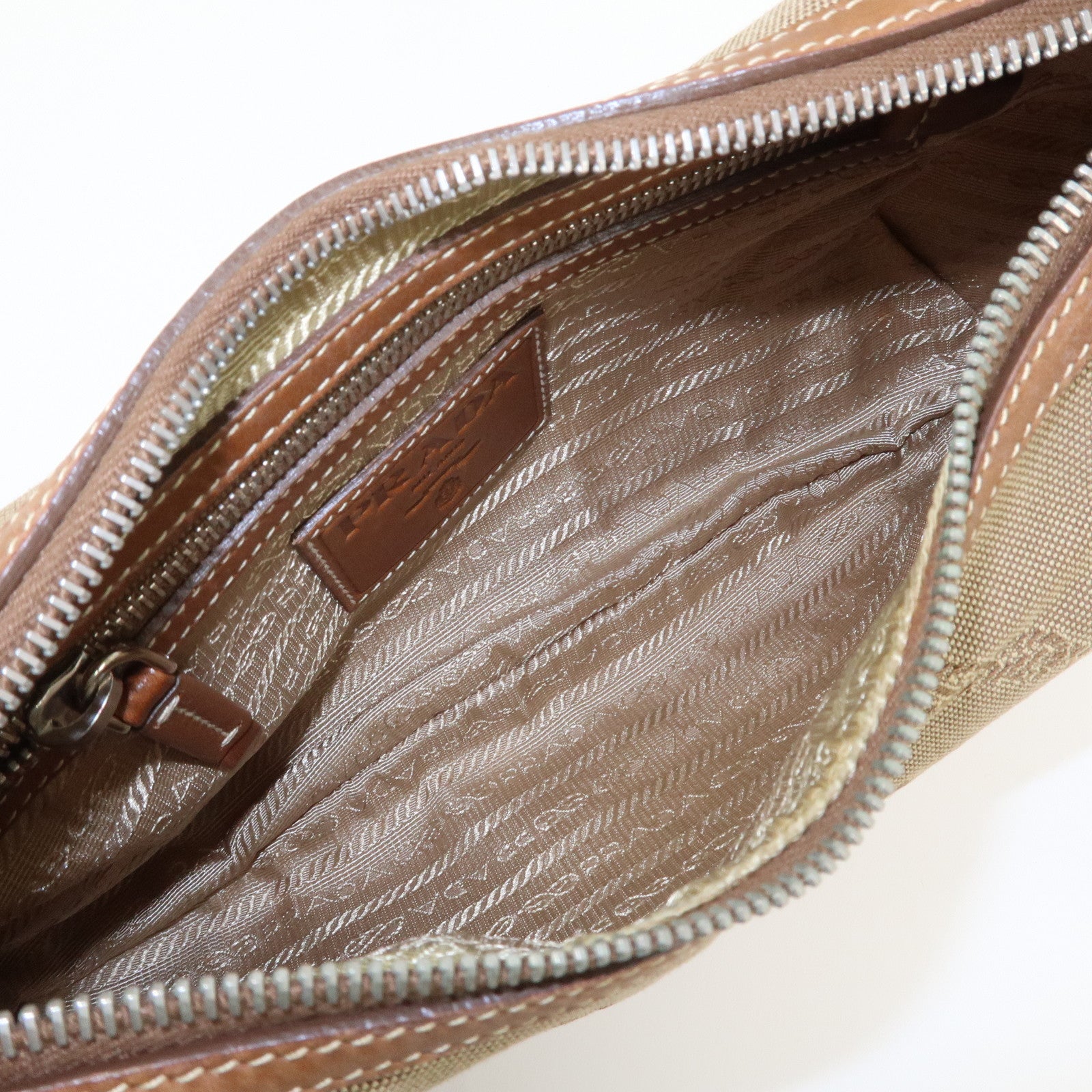 PRADA Logo Jacquard Leather Shoulder Bag Beige Brown BR3429
