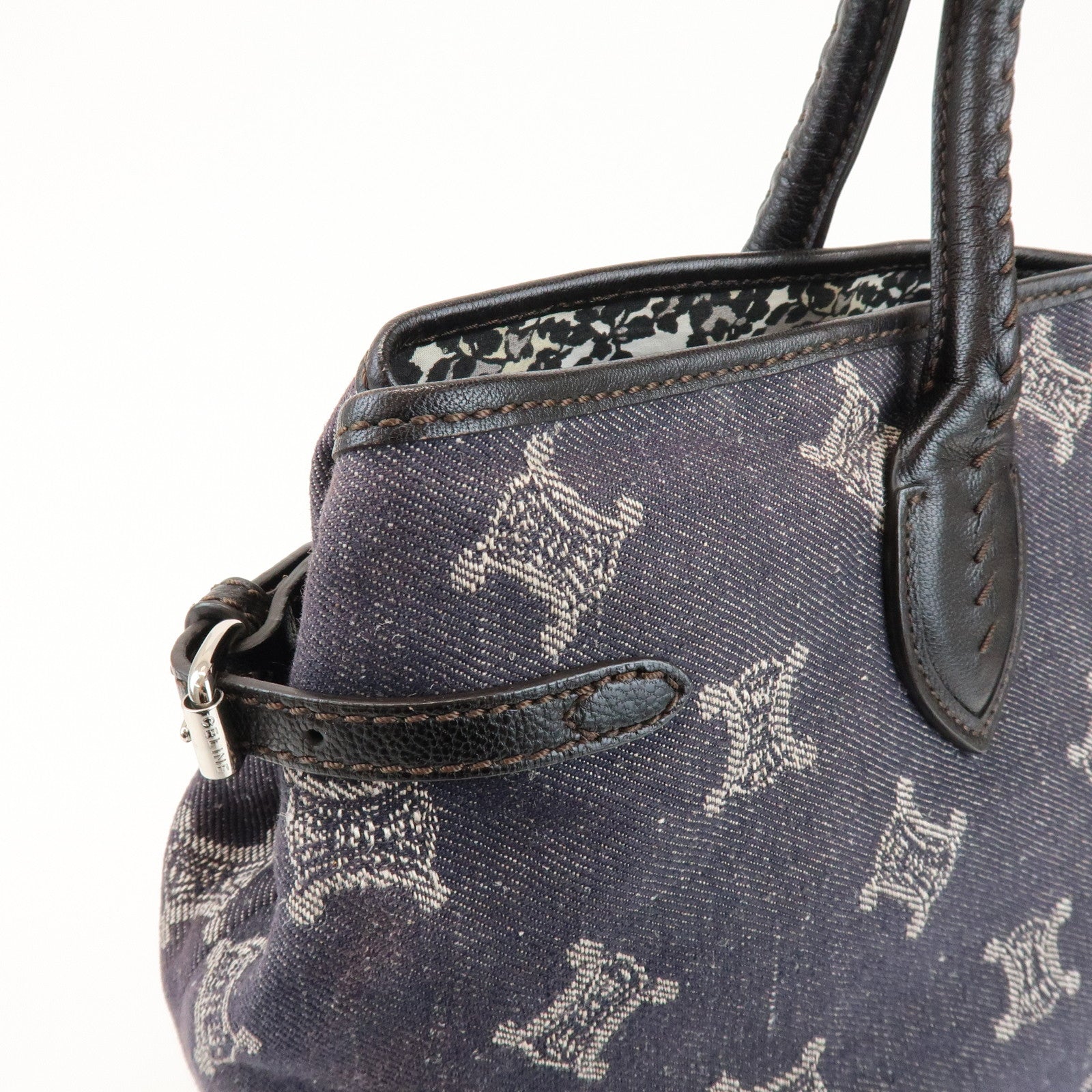 CELINE Macadam Logo Canvas Leather Shoulder Bag Hand Bag Navy